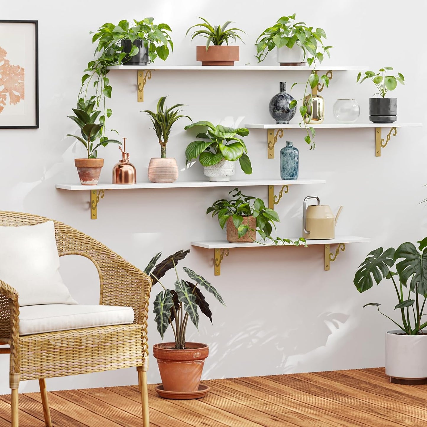 DINZI LVJ Long Wall Shelves, 39.4" Wall Mounted Shelves Set of 4, Wide Floating Shelf with Metal Brackets, for Living Room, Bathroom, Bedroom, Kitchen, Office, White and Gold