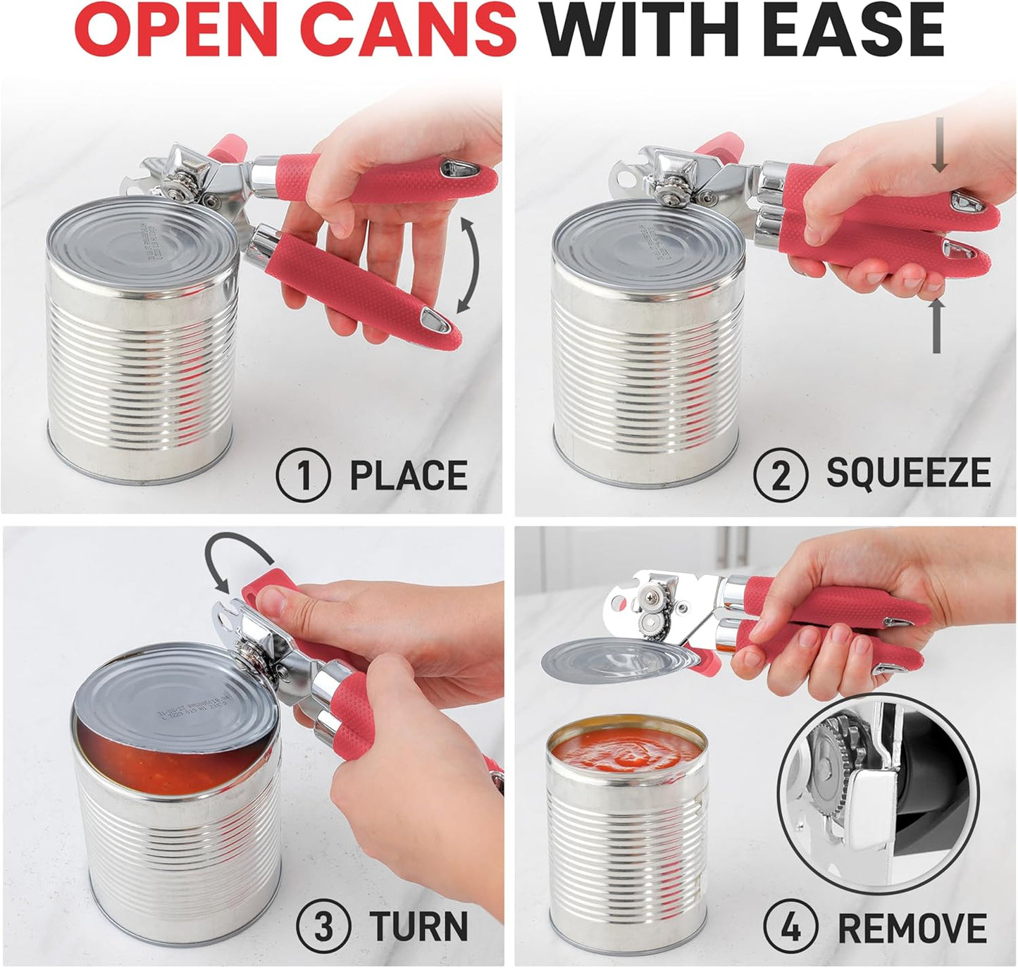 Zulay Kitchen Heavy Duty Stainless Steel Can Opener Manual with Large Bottle Opener - Manual Can Opener with Turn Knob with Soft Grip Handles - Red