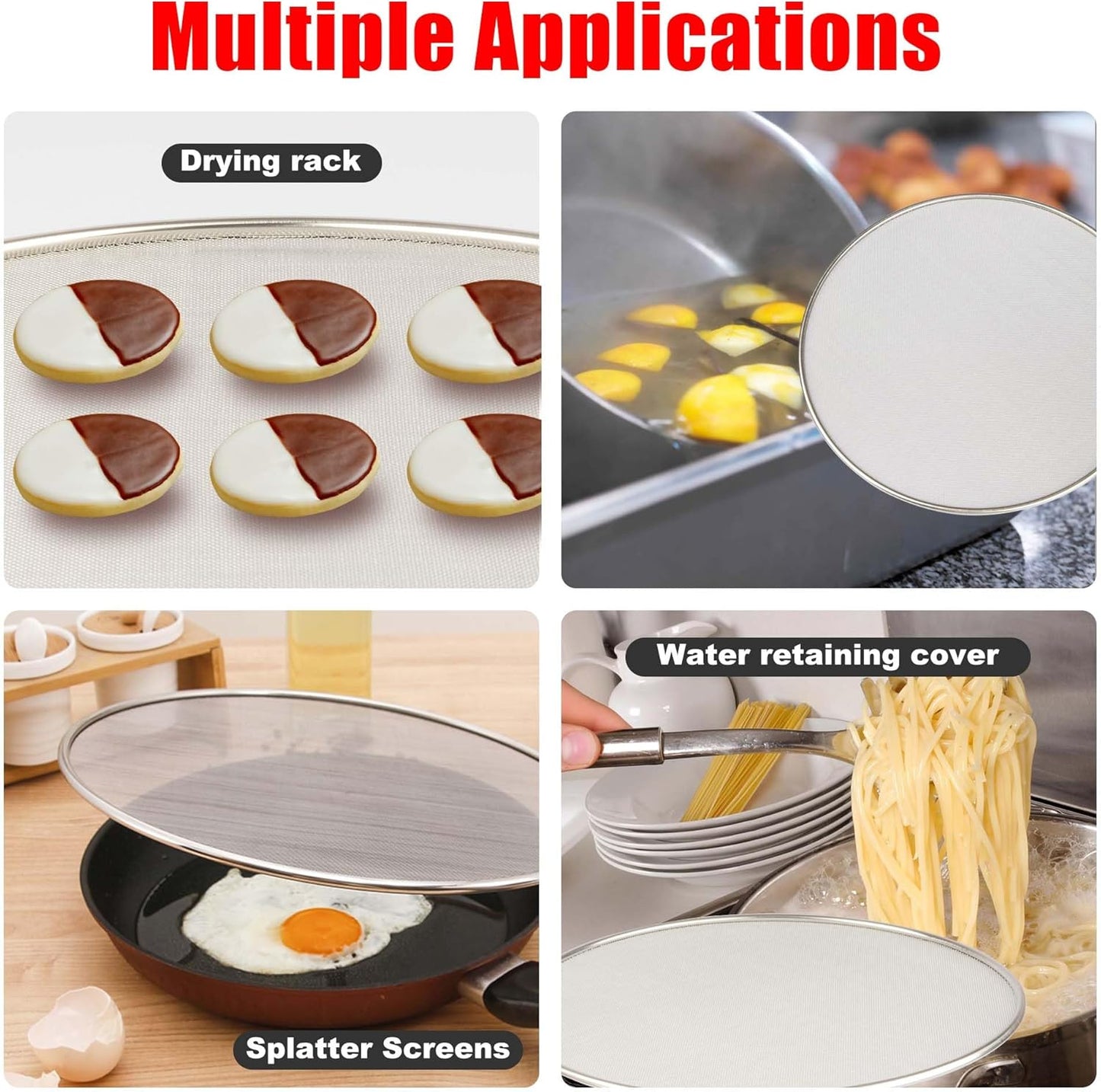 Splatter Screen for Frying Pan, Grease Splatter Guard, Stainless Steel Splatter Guards for Frying with Long Handle, Kitchen Oil Splash Guard Cooking Shield, Fine Mesh Strainer (Red, 10 inch)