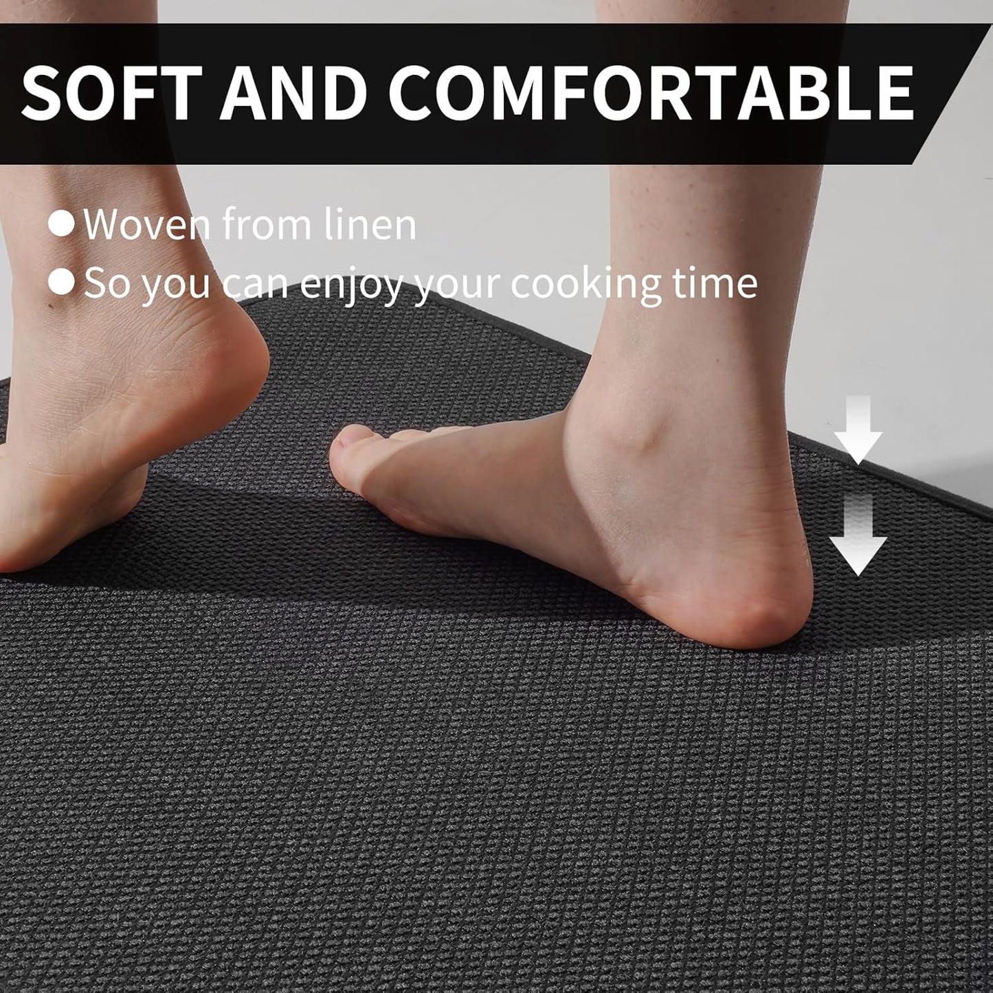 Kitchen Mats for Floor, Super Absorbent Kitchen Rugs Non Slip Washable, Soft Imitation Linen Braided Kitchen Runner Rug, Standing Mat Sink Mat, Easy to Clean, Black 17x47