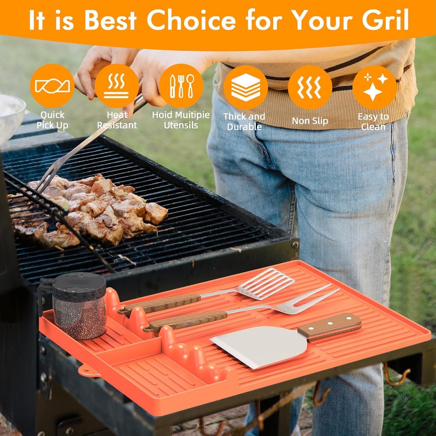 Silicone Griddle Tool Mat Compatible with Blackstone, Spatula Mat with Drip Pad Blackstone Griddle Accessories, Grill Side Shelf Utensil Pad, BBQ Grilling Accessories Gifts for Men(Orange)