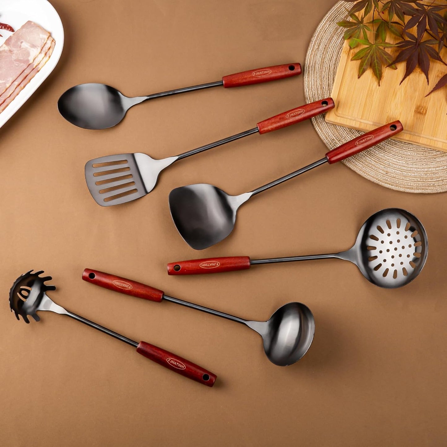 FJNATINH 17inch Wok Spatula and Ladle, Skimmer Spoon, Slotted Turner Spatula Set 304 Stainless Steel Kitchen Utensils Sets, 4-Pieces Cooking Utensils Tools Wok Accessories