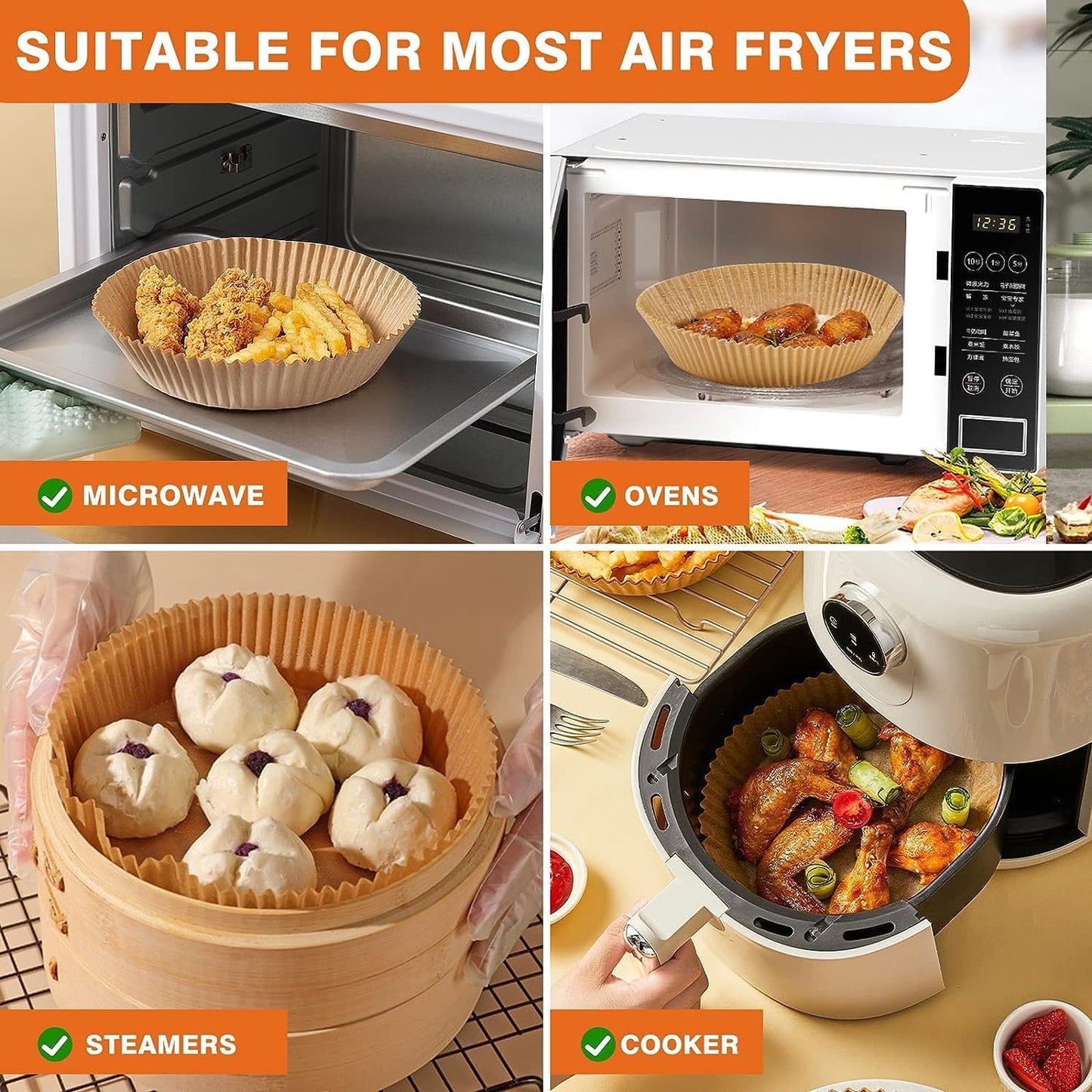 Vailnd 9inch Round Air Fryer Liners Disposable, 125PCS Non-Stick Parchment Paper Liners, Oil Resistant, Waterproof, Food Grade Baking Paper for 5-10 QT Air Fryer Microwave