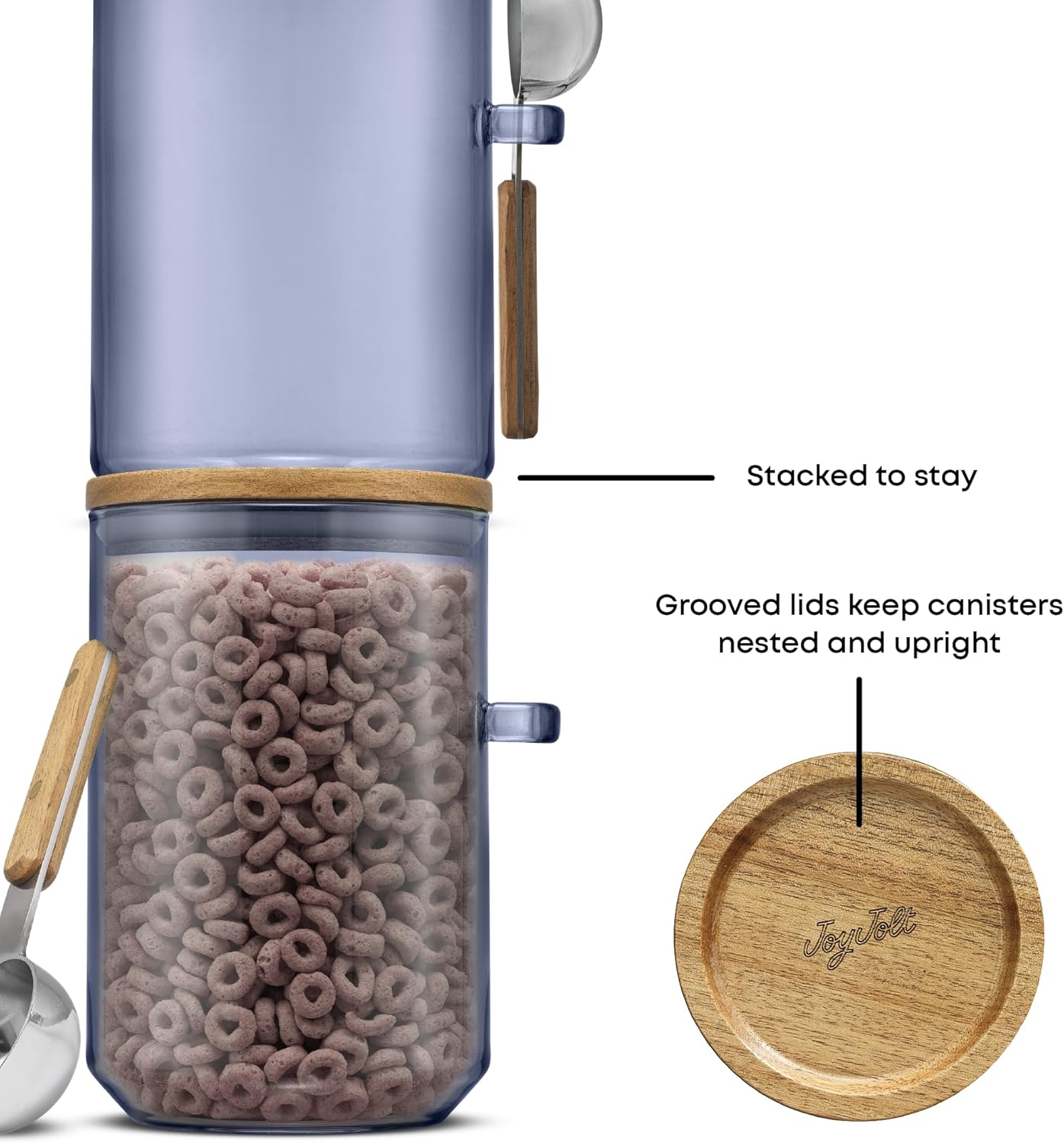 JoyJolt Holden 32oz Stackable Glass Storage Containers with Lids and Scoops, Airtight Food Canister Set of 3 w/Acacia Wood Lids, Round Stacking Pantry and Kitchen Containers w/Scoop | Smoke Blue