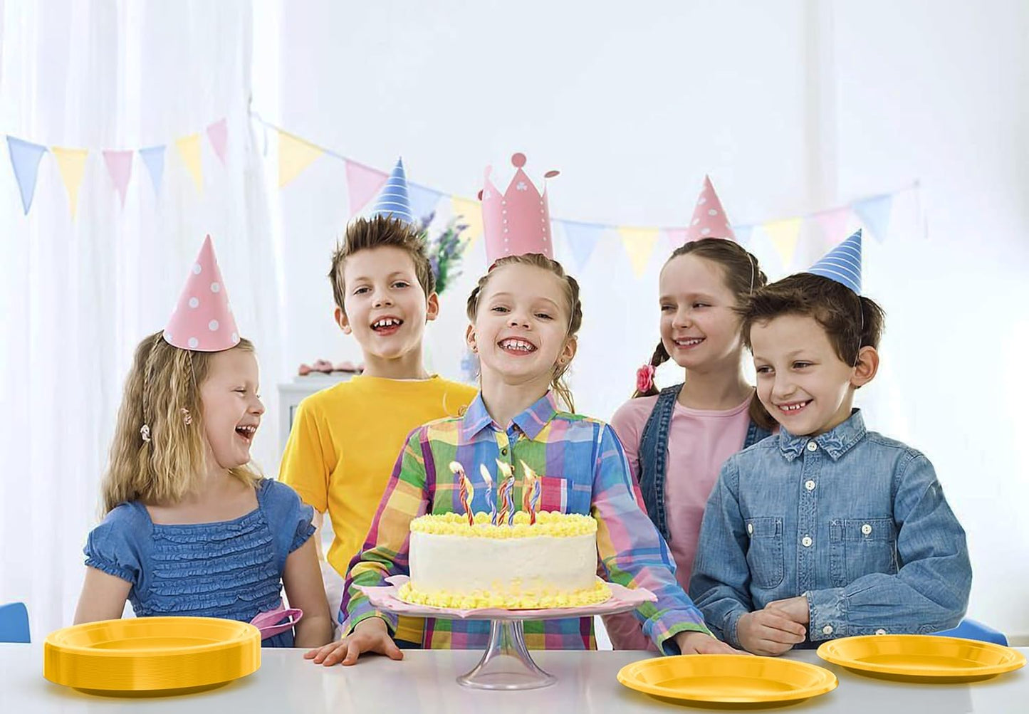 Exquisite Party Solids Yellow Plastic Plates For Party 9" Yellow Disposable Plates Heavy Duty Supplies 100 Pcs Plastic Dinnerware Sets Heavy Duty 350 GSM Disposable Dinnerware Set