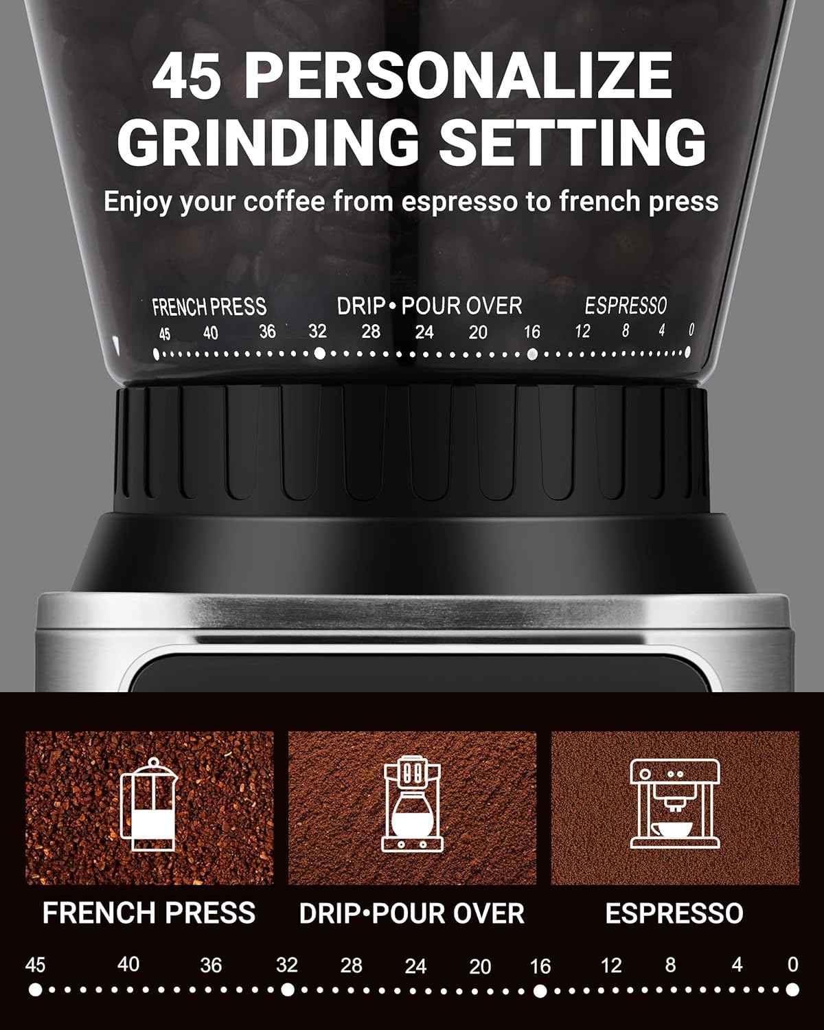 AMZCHEF Coffee Grinder, Coffee Bean Grinder for Home Use with Precise Grinding, LED Control Panel, Detachable Funnel Stand, Anti-static Design, 45 Grind Settings, Silver