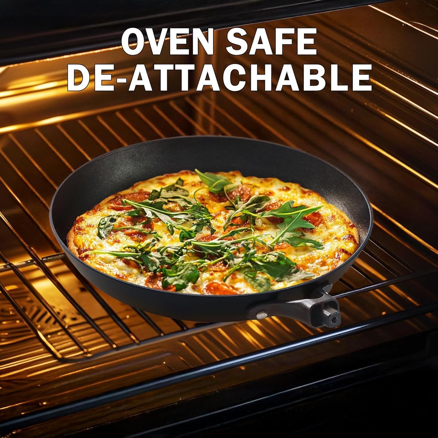 DM Cast Iron Skillet, 10 Inch Nonstick Frying Pan with Detachable Acacia Wooden Handle, Honeycomb Non stick Omelet Egg Pan, Easy Clean Oven Safe Pans for Cooking