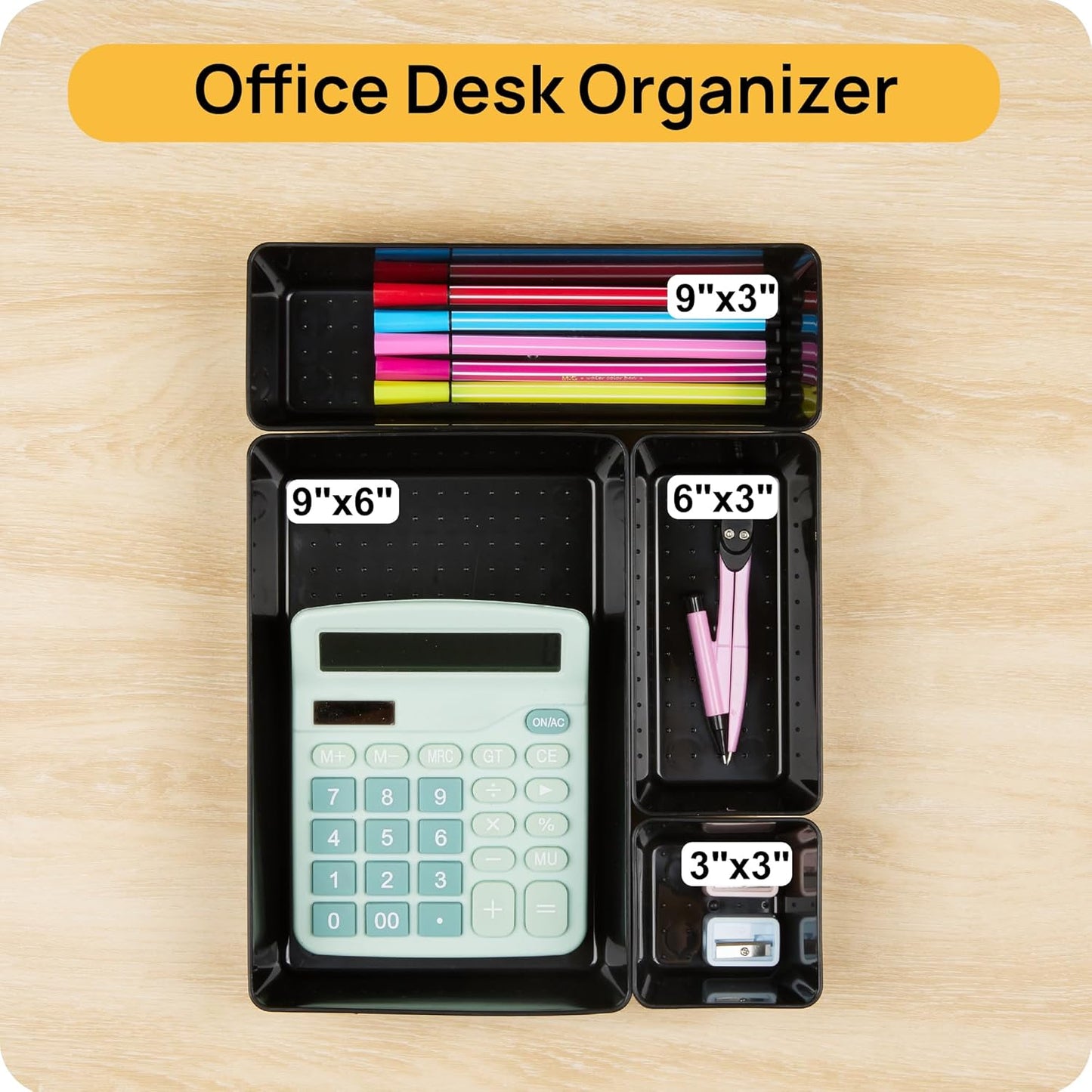 Vtopmart 44 PCS Plastic Drawer Organizers Set, 4-Size Versatile Bathroom and Vanity Organizer Trays, Non-Slip Storage Containers for Makeup, Jewelries, Bedroom,Kitchen Utensils and Office, Black