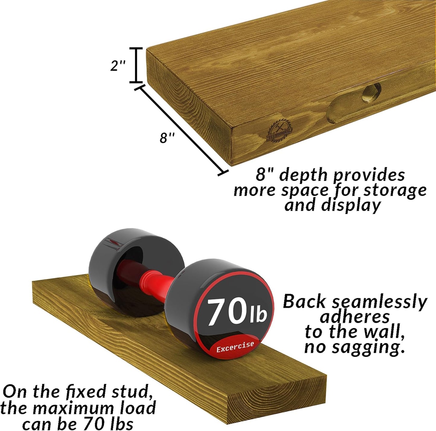 Rusitc Floating Shelves 60 inch Long 8 "deep Set of 2, Heavy Duty Wood Wall Mounted Shelves for Bathroom Living Room Kitchen,Book Shelves with Thickened Hidden Bracket-Gold Oak