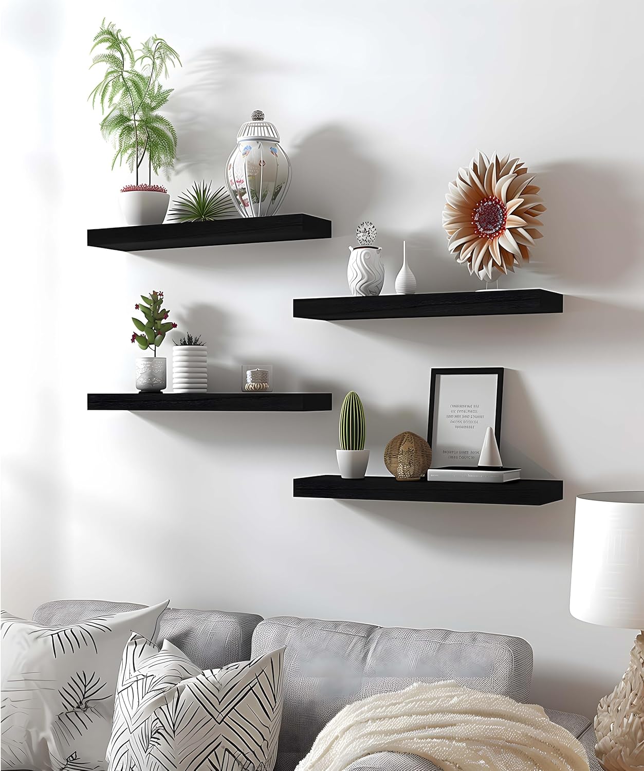 Wood Floating Shelves for Wall, Wooden Wall Shelves for Bedroom, Wall Mounted Shelves for Living Room, Set of 6 Black