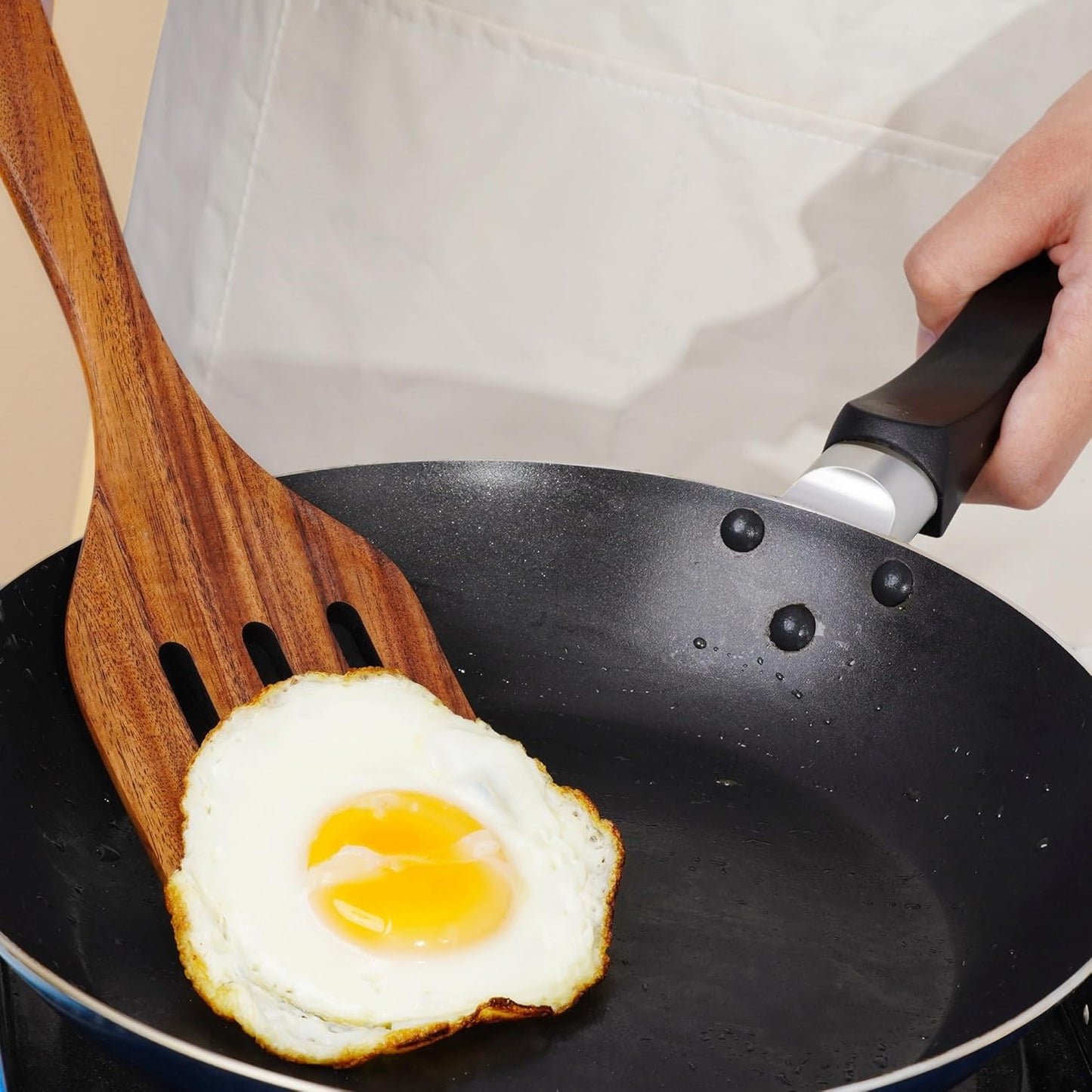 FJNATINH Wooden Slotted Spatula for Cooking, Nonstick Teak Slotted Turner, Flat Wooden Kitchen Cooking Spatula Turner for Frying Flipping Kitchen Utensil Pancake