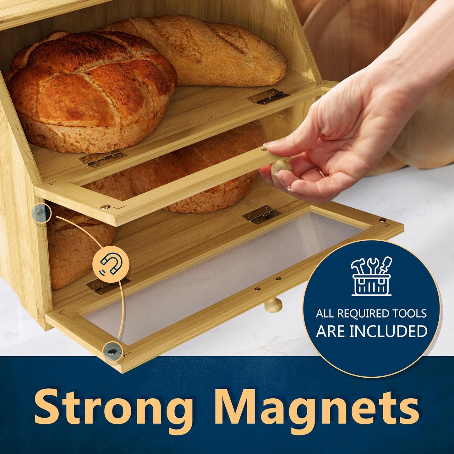 Bamboo Bread Box Space Saving Rustic Flat-Top Bread Bin for Countertop - Store Bread Cake and Baked Goods - 15 x 9.8 inches (2 Tier box)