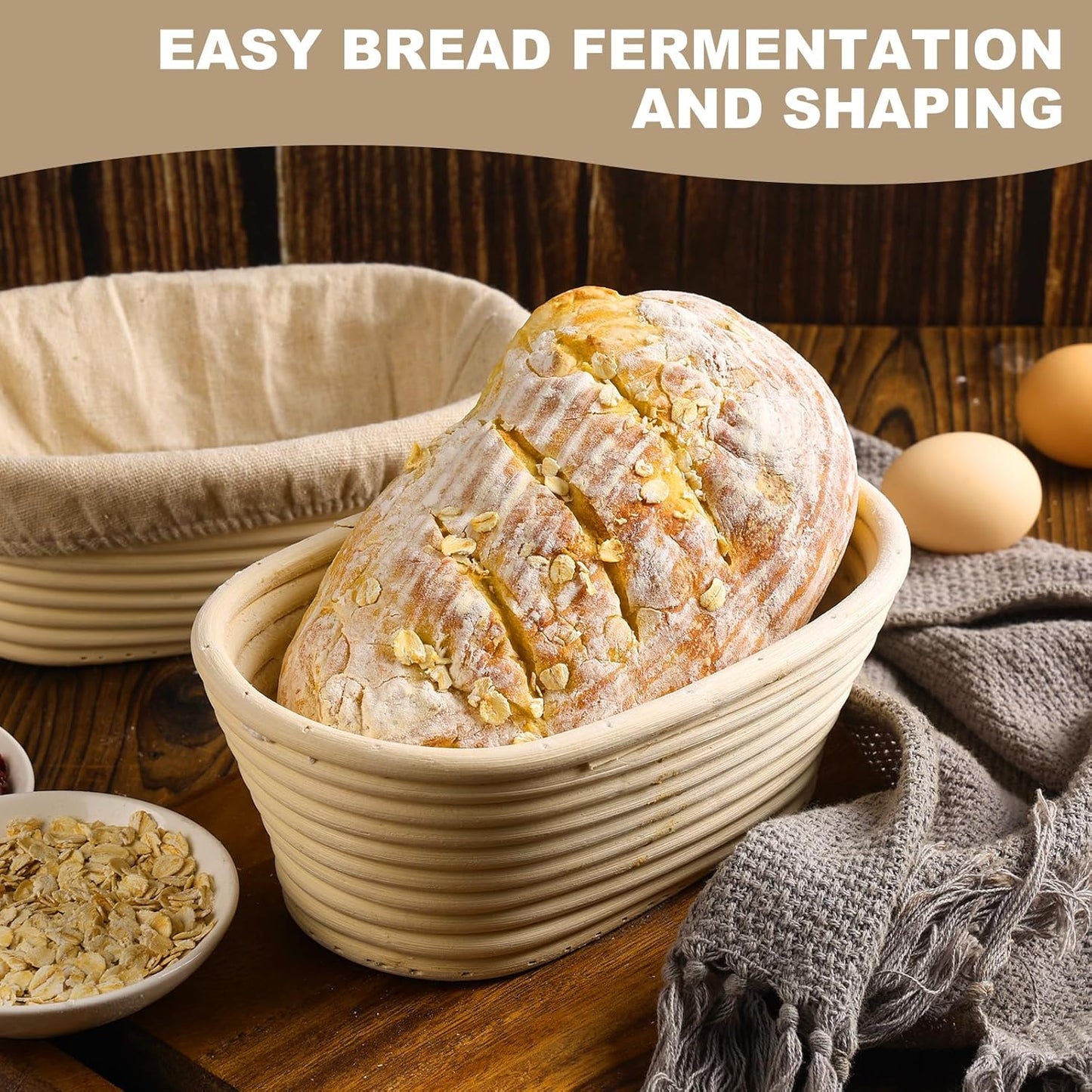 Banneton Bread Proofing Basket - Banneton Basket Set of 4 Pack 10 inch Oval Sourdough Proofing Basket with Liner - Handmade Rattan Proofing Rising Bowl for Artisan Bread Making Baking Supplies