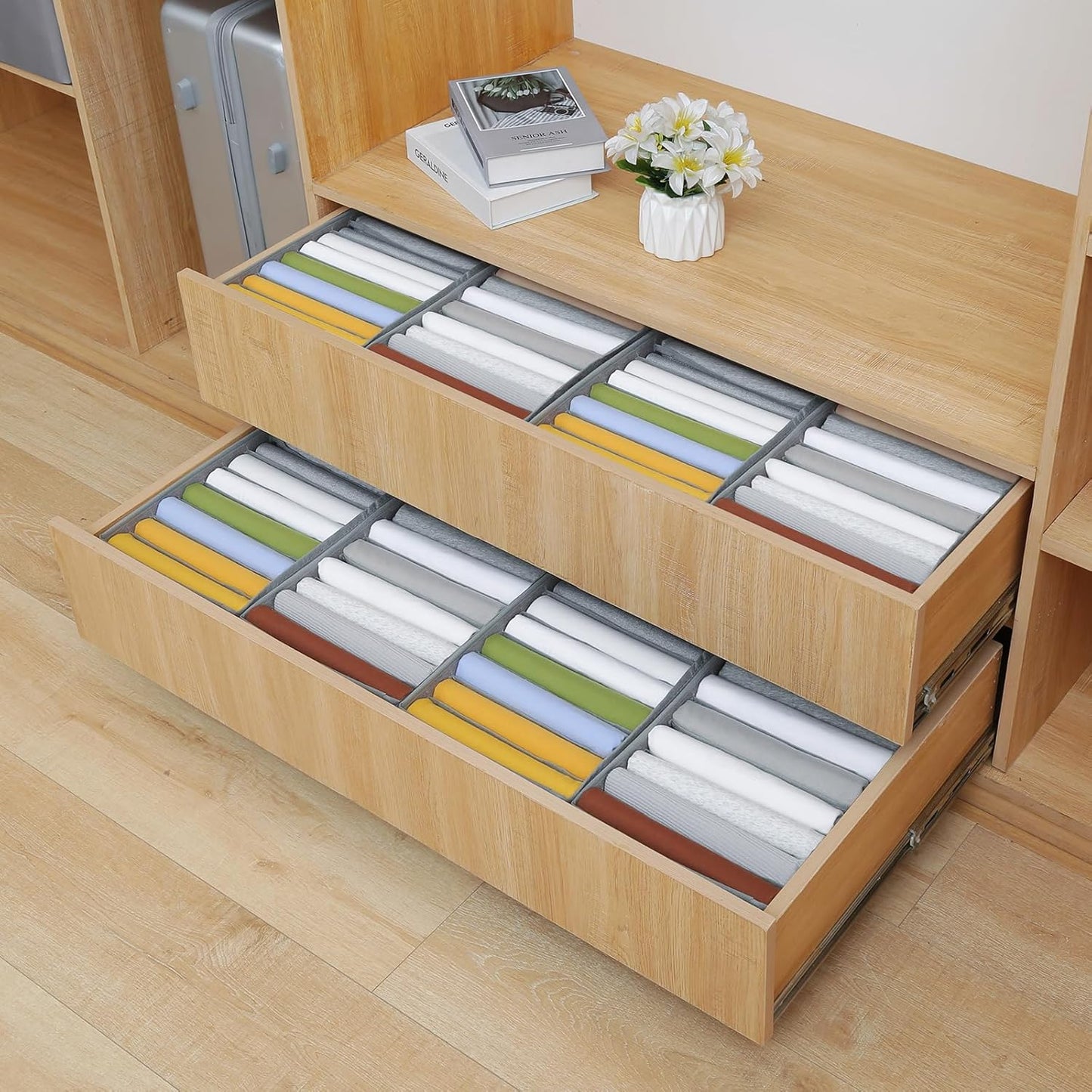 Qozary 4 Pack Drawer Organizers for Clothing, 8 Grids Foldable Closet Organizers and Storage Bins for Bedroom, Dresser Organizer Boxes for Thin T-shirts, Tank Tops