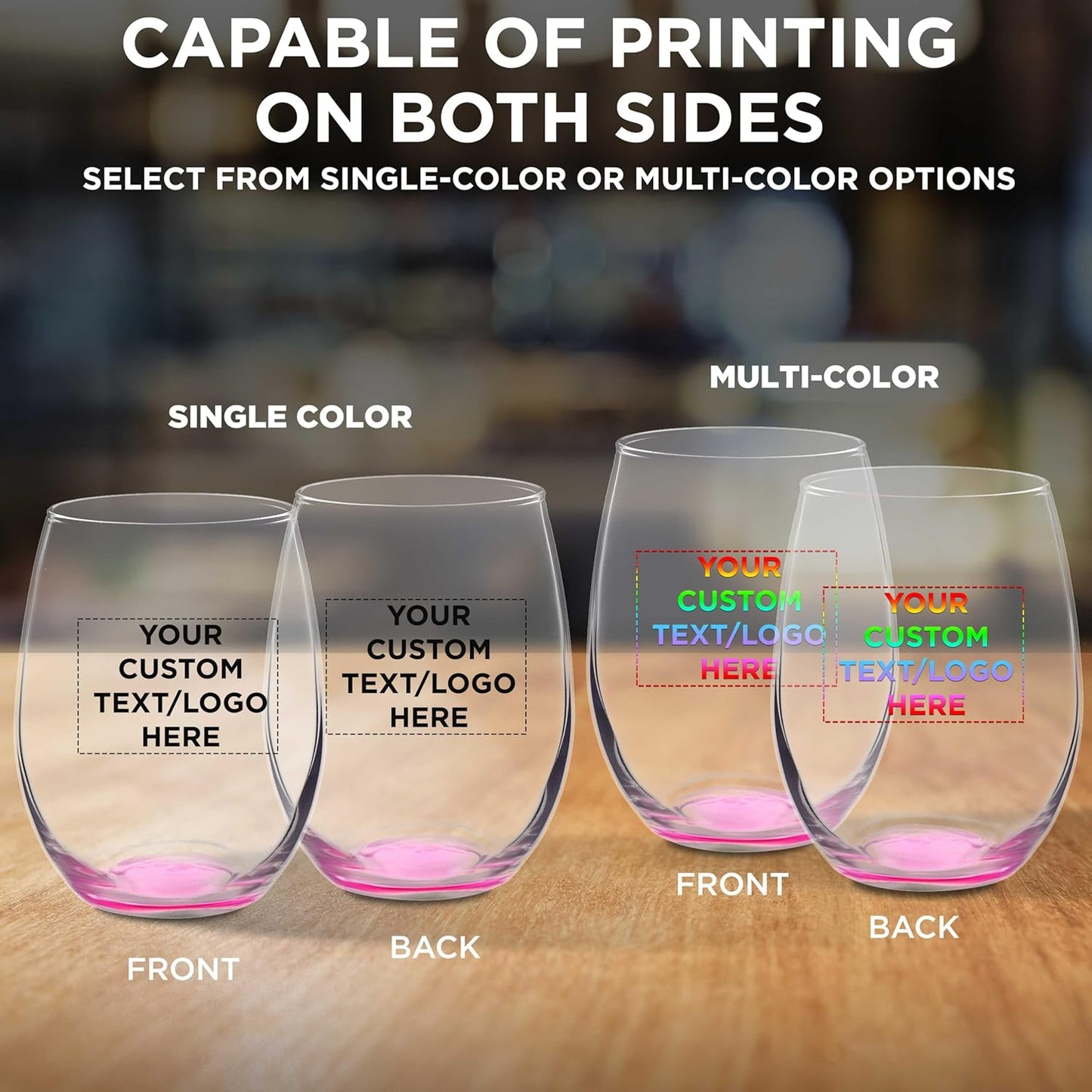 Custom Stemless Wine Glasses in Bulk by ARC Perfection, 15 oz, 50 pack, Personalized Text, Logo, Red or White Wine Glass Set, Pink