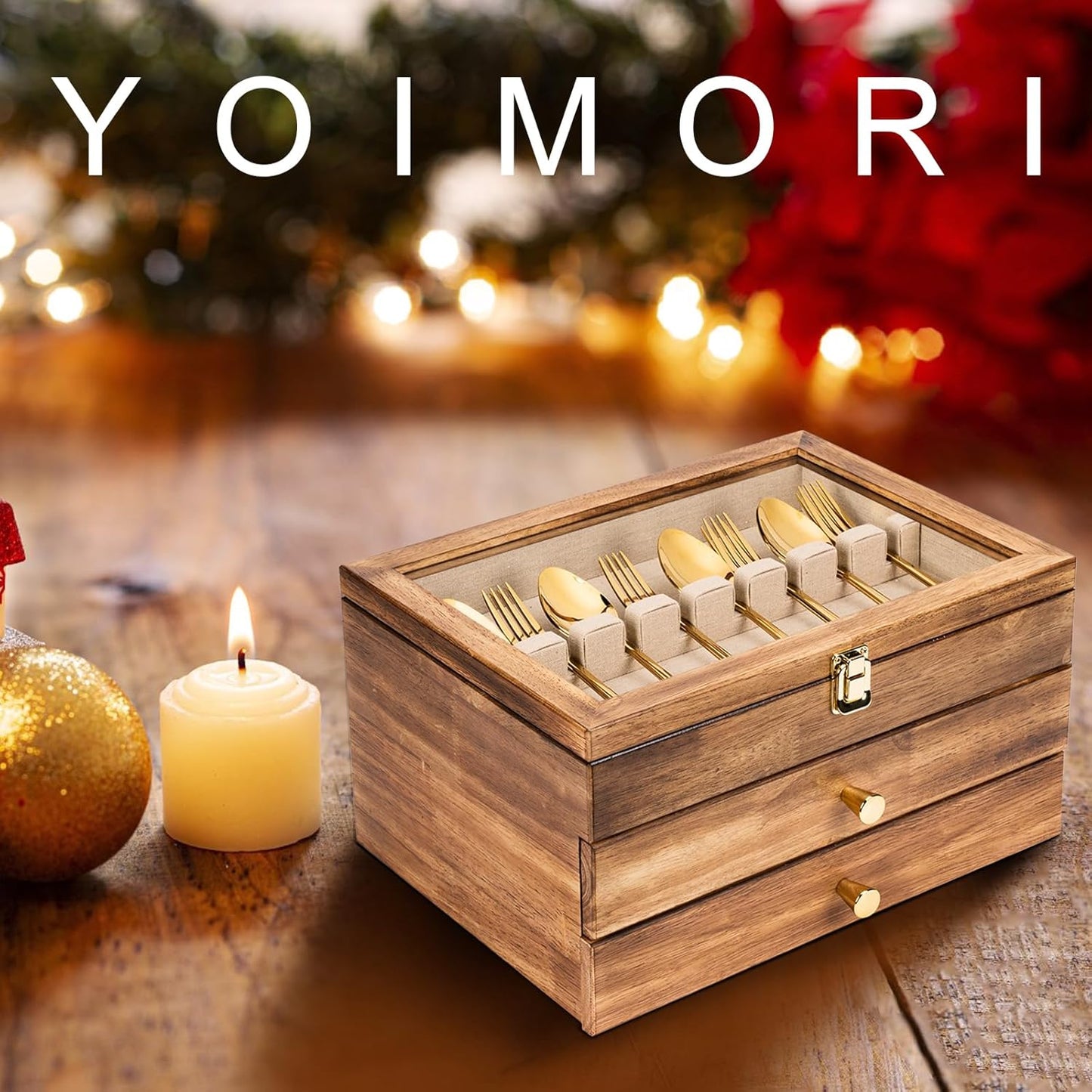 Silverware Box, 3-Layer Wooden Silverware Storage Box with Glass Lid, 14.5×10.6 Inches Vintage Style Decor Flatware Storage Case for Fine Flatware & Utensils, Gift Idea (Torched Wood)