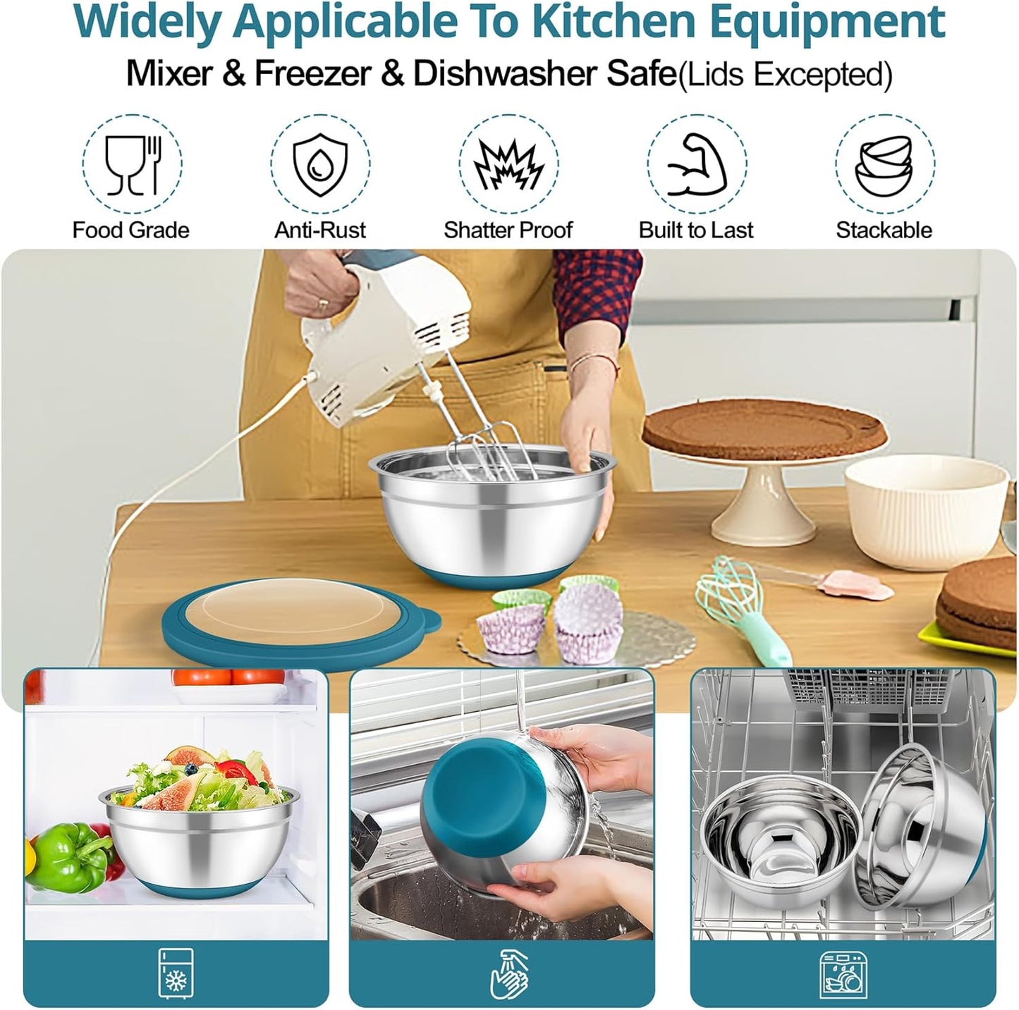 TeamFar Mixing Bowls, 5PCS Stainless Steel Serving Salad Bowls with Lids, For Kitchen Mixing/Baking/Storing/Prepping, Visible & Airtight, Non-Slip Bottom - 4.6/3.5/1.5/1 / 0.7 QT, Dark Blue