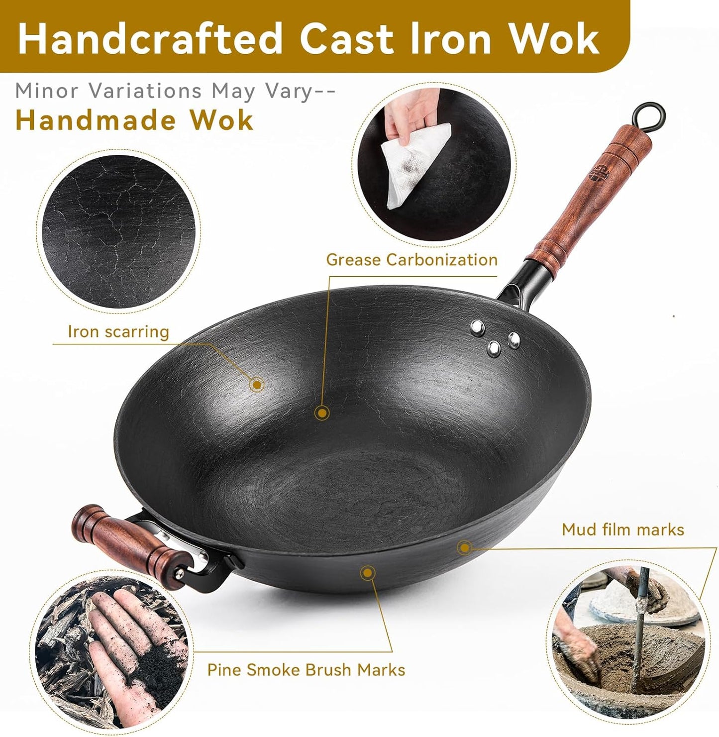 WANGYUANJI Cast Iron Wok Pan 14.2 inch Large Wok Stir Fry Pan Flat Bottom Wok with Lid and Wood Handle, Suitable for All Cooktops, Uncoated Craft Pot Healthy Cooking Pot
