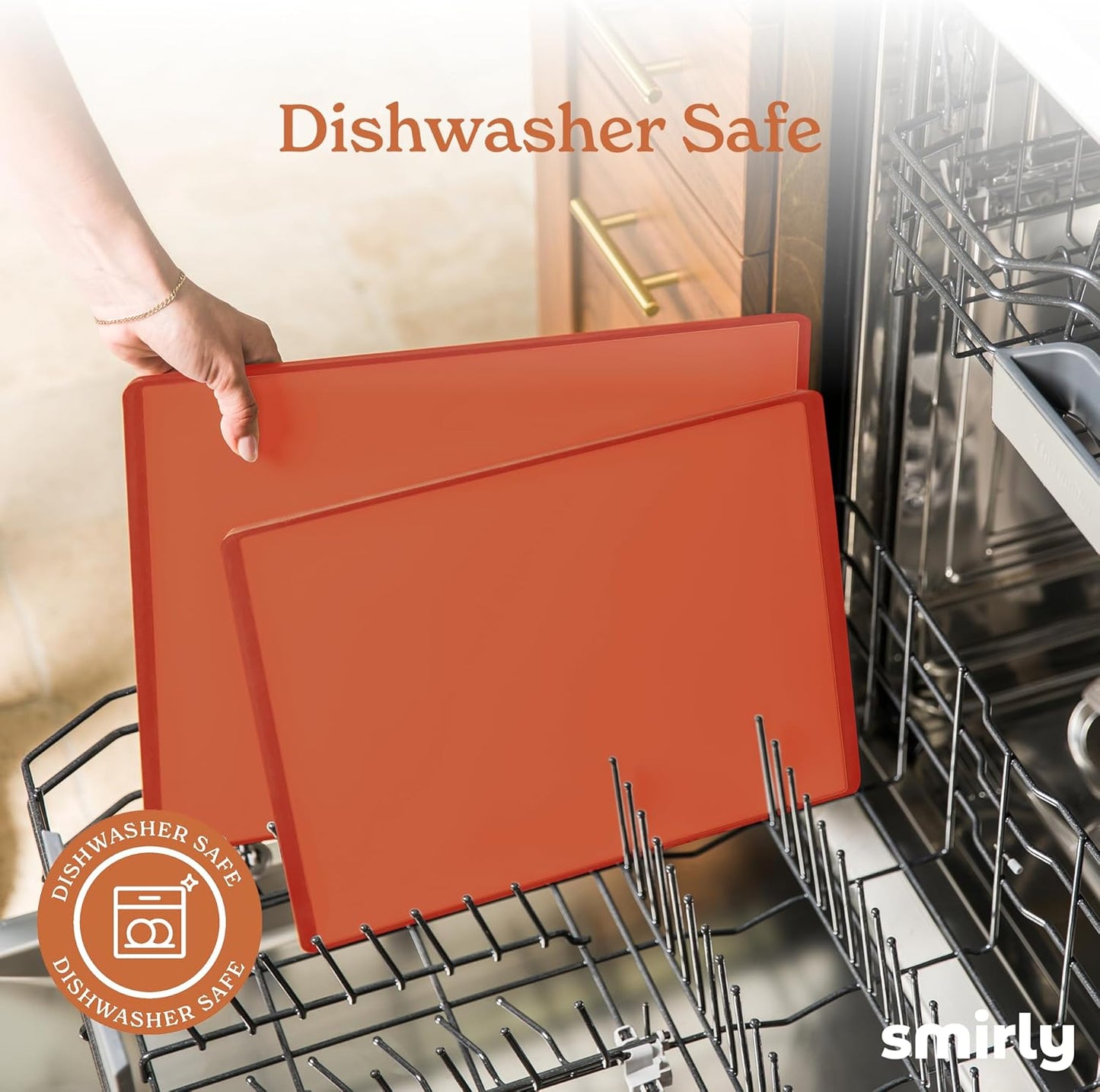 SMIRLY Plastic Cutting Board Set with Holder 3 Pieces, Non-Slip Dishwasher Safe Chopping Boards for Kitchen, Orange