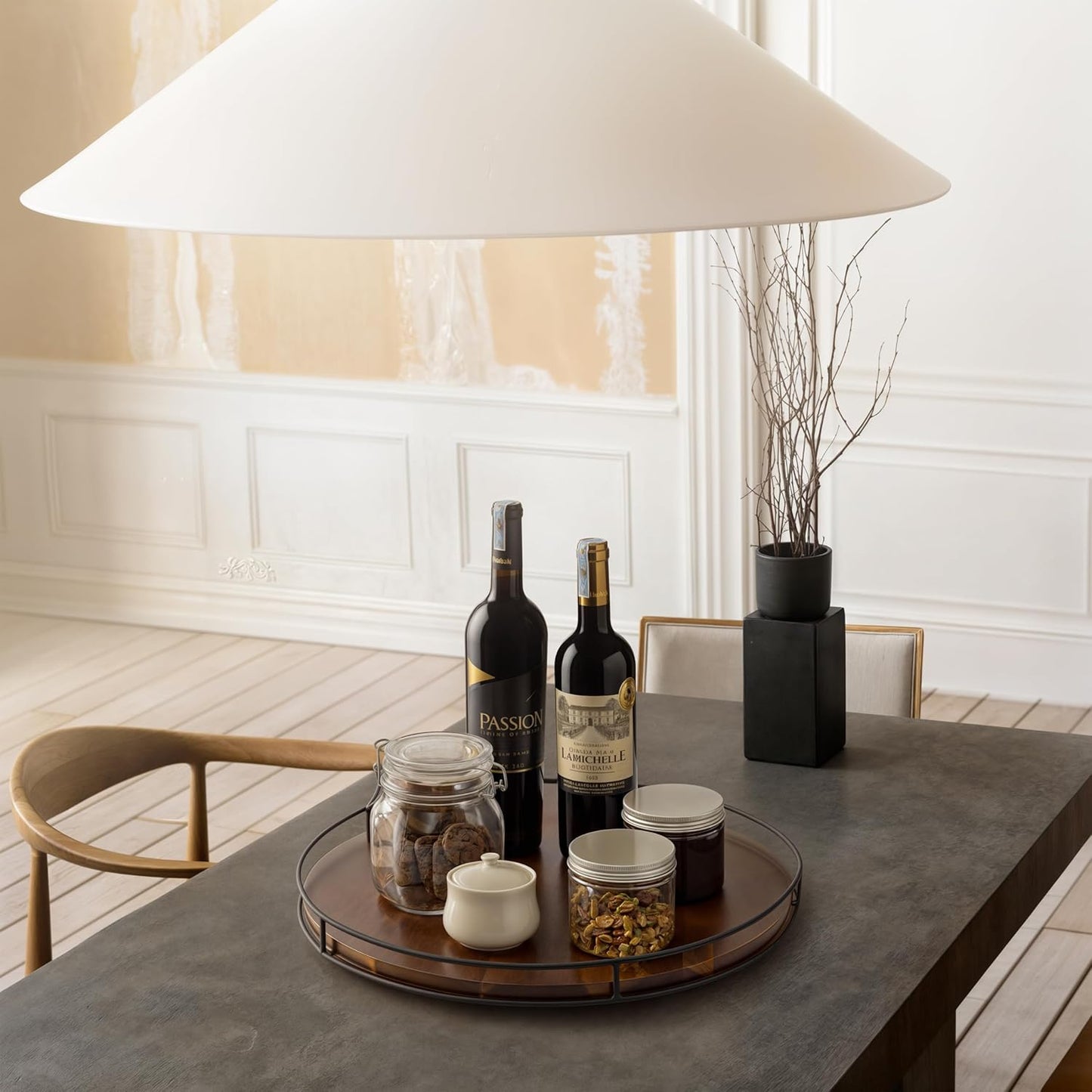 18" Acacia Wood Lazy Susan Turntable with Metal Frame - Large Brown Lazy Susans Organizer Countertop Storage - Wooden Serving Tray for Charcuterie Cheese Board - Kitchen Counter Rotating