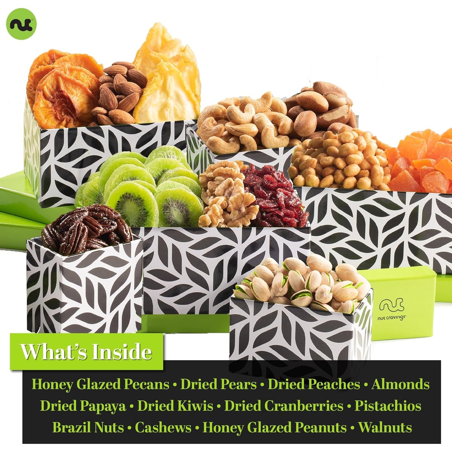 NUT CRAVINGS - Dried Fruit & Mixed Nuts Gift Basket Leaf Tower + Ribbon (12 Assortments) Food Arrangement, Healthy Snack Care Package, Food Assortments