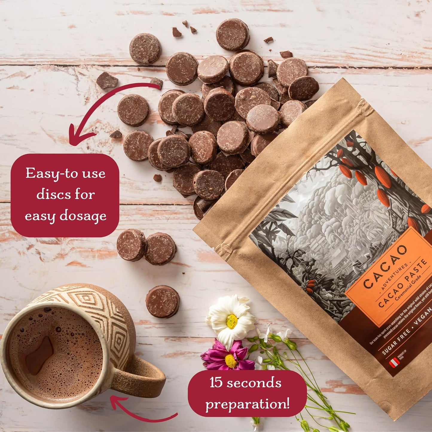Cacao Adventures Ceremonial Grade Cacao | 100% Pure | Dairy Free & Vegan | Unsweetened |Ethically sourced and sustainably grown |Vegan Peruvian, 5 Pound (Pack of 1)