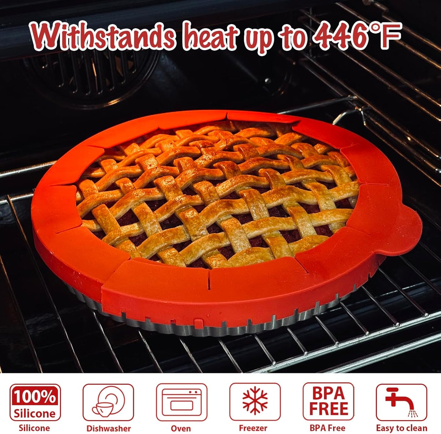 Webake Pie Crust Protector Shield Adjustable Pie Crust Shield Fits 11.5-9 Inch Pie Pan, European Food Grade Silicone Pinch Test Passed, for Baking Party Pie Tart, Pack of 2, Red and Grey
