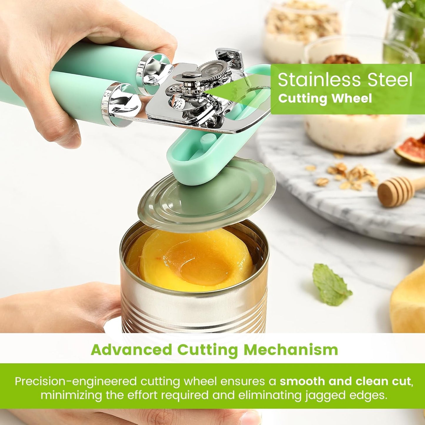 Spring Chef Stainless Steel Can Opener - Manual with Soft Grip Handles, Easy Turn, Heavy Duty Hand Can Opener for Seniors with Smooth Edge - Built-in Magnetic Lid Remover - Mint