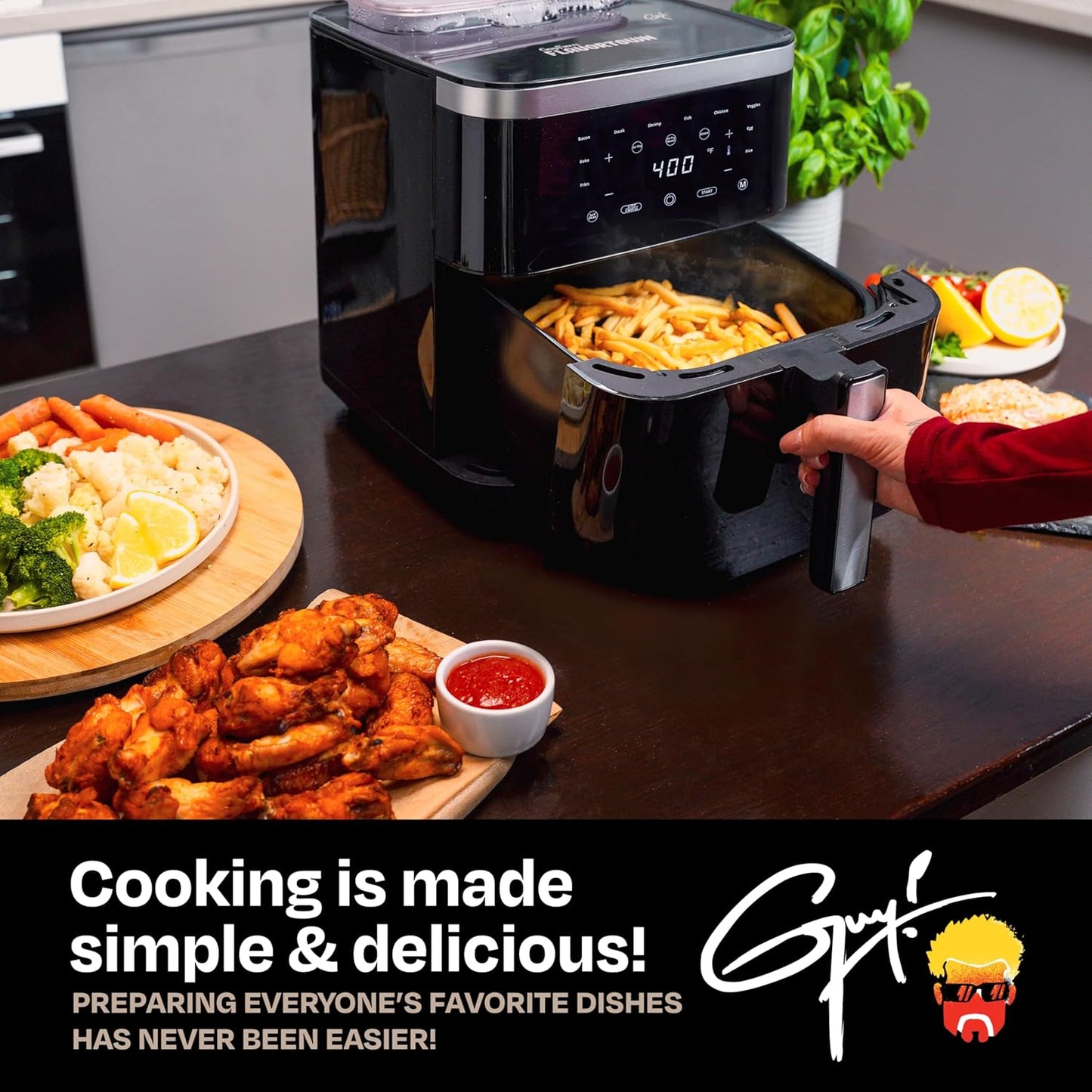 Guy Fieri's Flavortown 6.5 Quart Steam Air Fryer with Moisture Lock Technology – Programmable Steamer and Air Fryer Combination, Temperature Control, 10-Presets, 1700 Watts