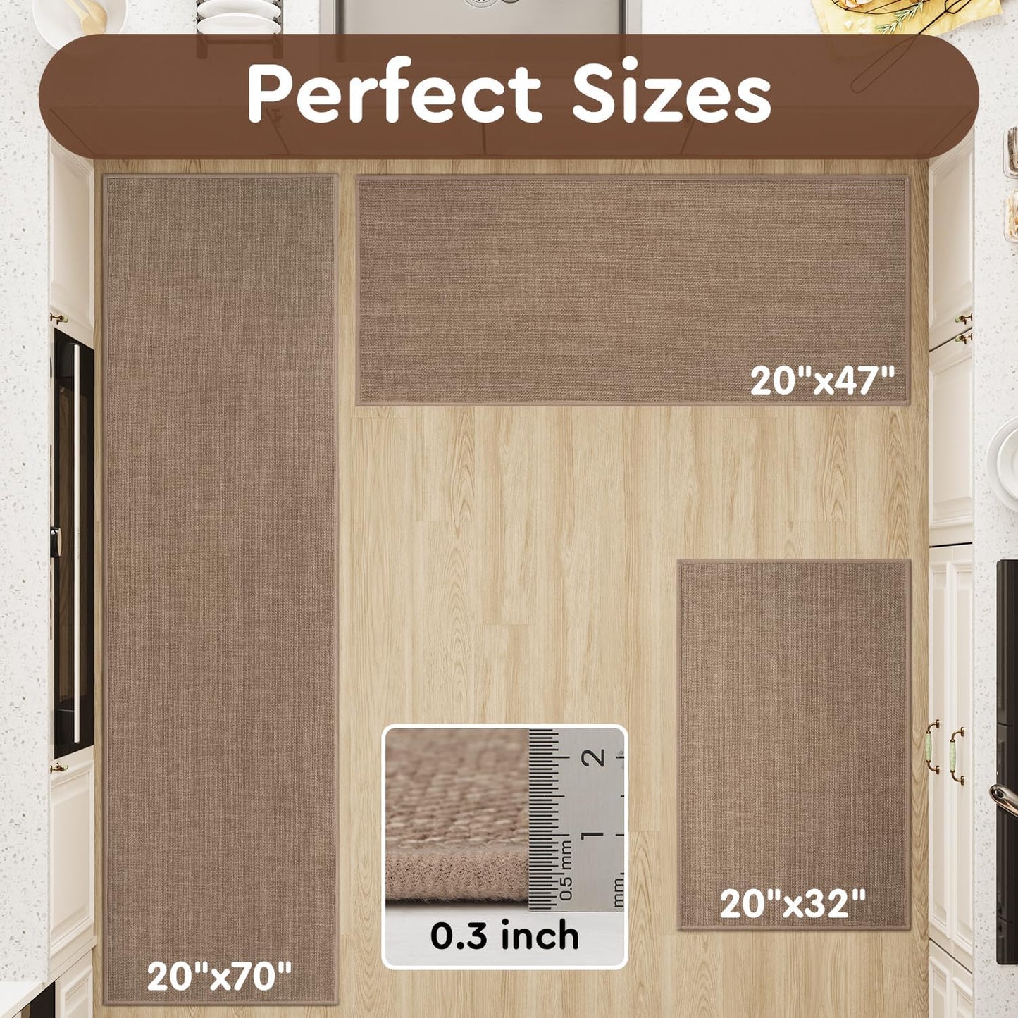 tchdio Kitchen Mats for Floor, Rubber Backed Kitchen Rugs Non Slip Washable, Superior Absorbent Kitchen Runner Rug Easy to Clean, Comfort Kitchen Floor Mat Front of Sink (Tan, 20" × 70")