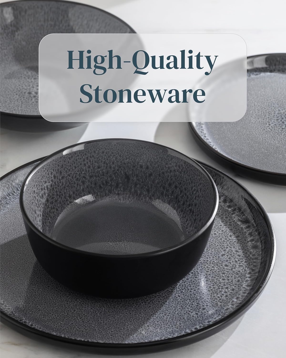 Stoneware dinnerware set 8 persons 32 pcs - Dishwasher, microwave and scratch resistant - Bowl and plate set 8 persons modern - Dinner service Pure Living black in gray…