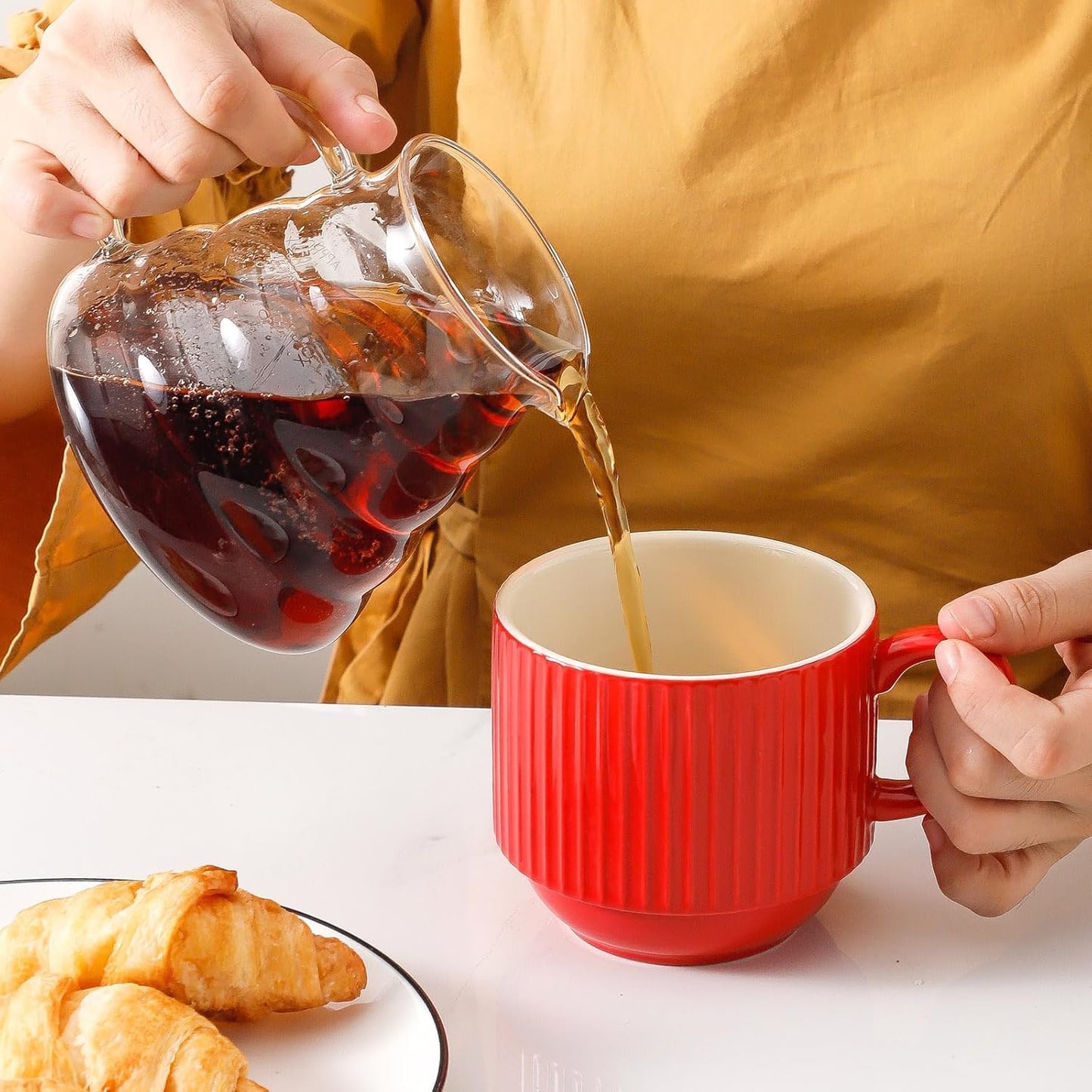 Hasense Red Coffee Mugs, 15 oz Stackable Coffee Cups Set of 4 with Rack - Ceramic Large Ribbed Modern Latte Cup Set for Cappuccino, Tea, Hot Cocoa, Drinks - Dishwasher & Microwave Safe