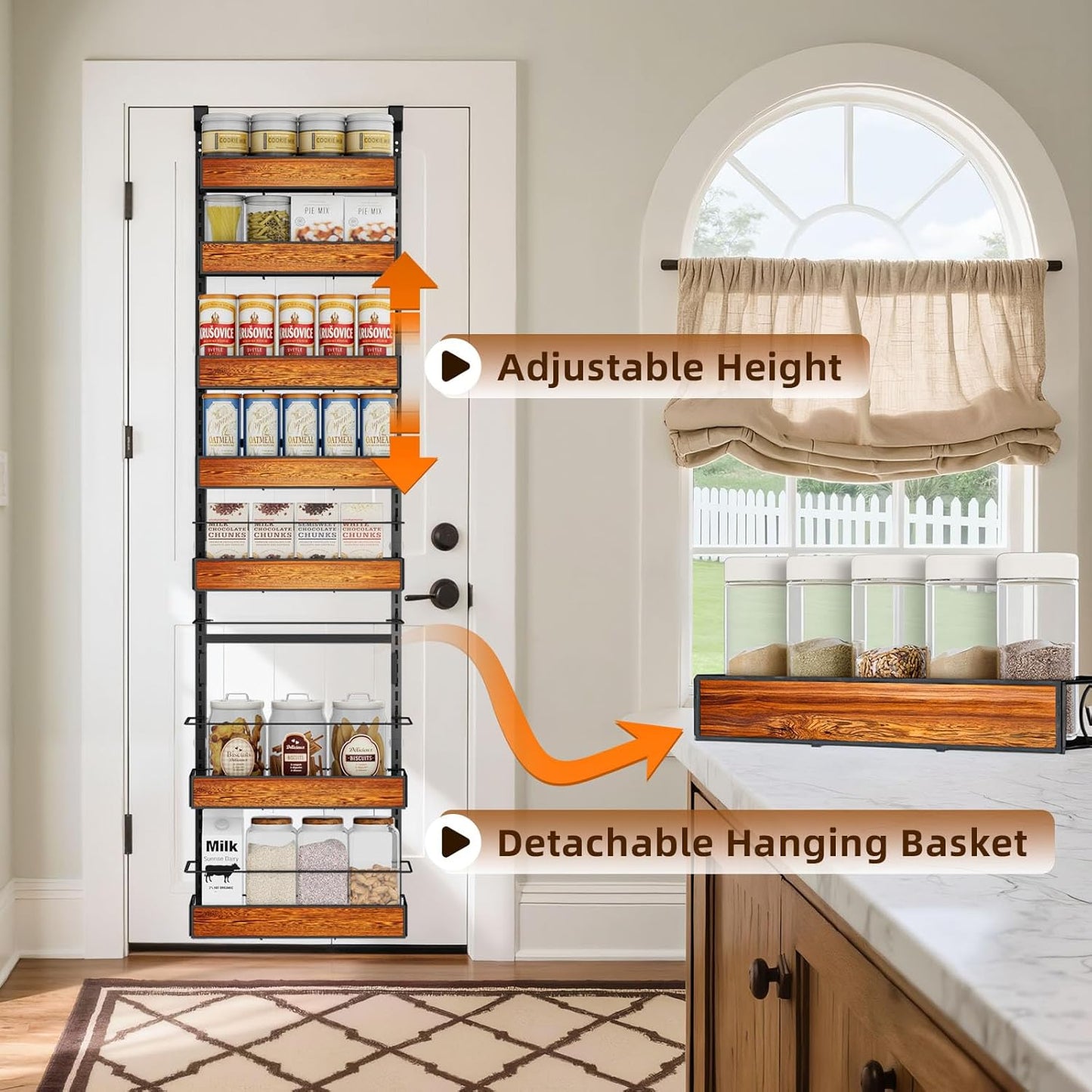 Over the Door Pantry Organizer, 8-Tier Metal Hanging Spice Rack with Adjustable Basket for Kitchen Storage