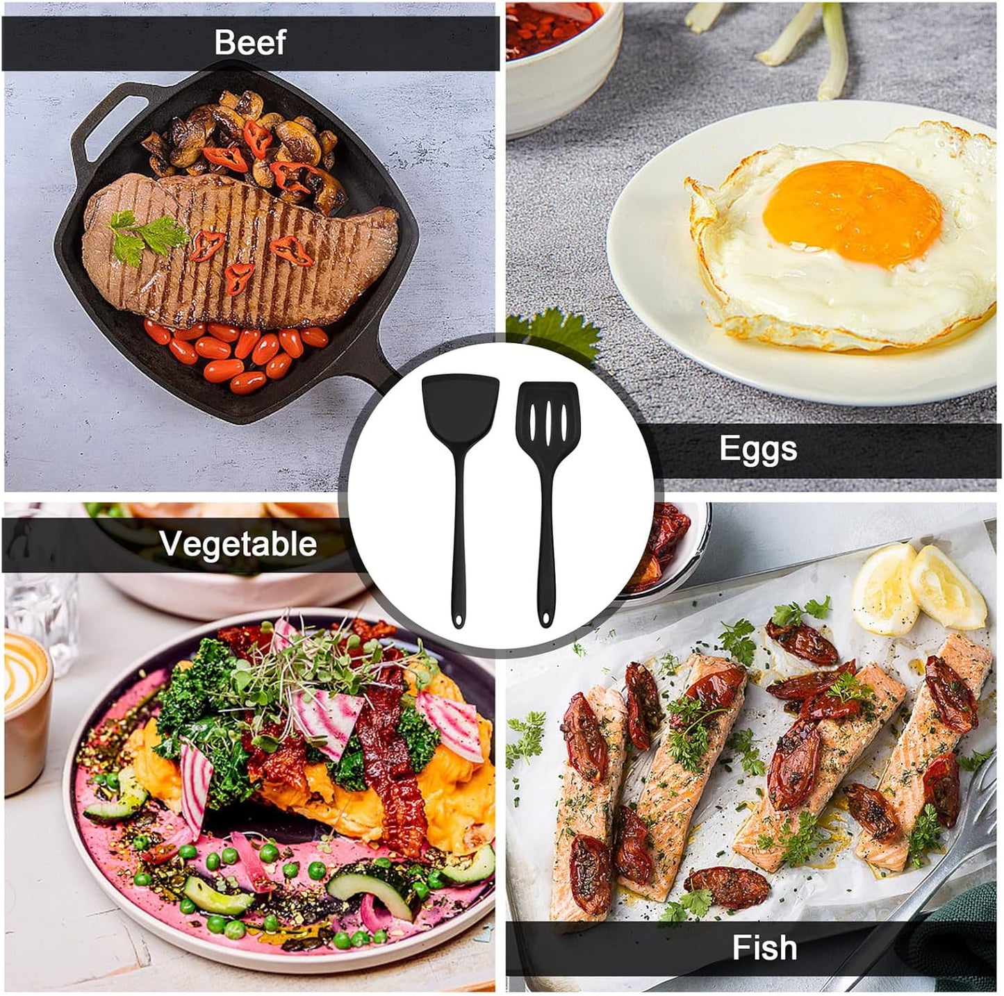 TeamFar Silicone Spatulas, 2pcs Solid & Slotted Cooking Turner for Non-stick Cookware, Kitchen Utensils for Flipping/Frying, Healthy & Seamless, Heat-Resistant & Non-Scratch, Dishwasher Safe, Black