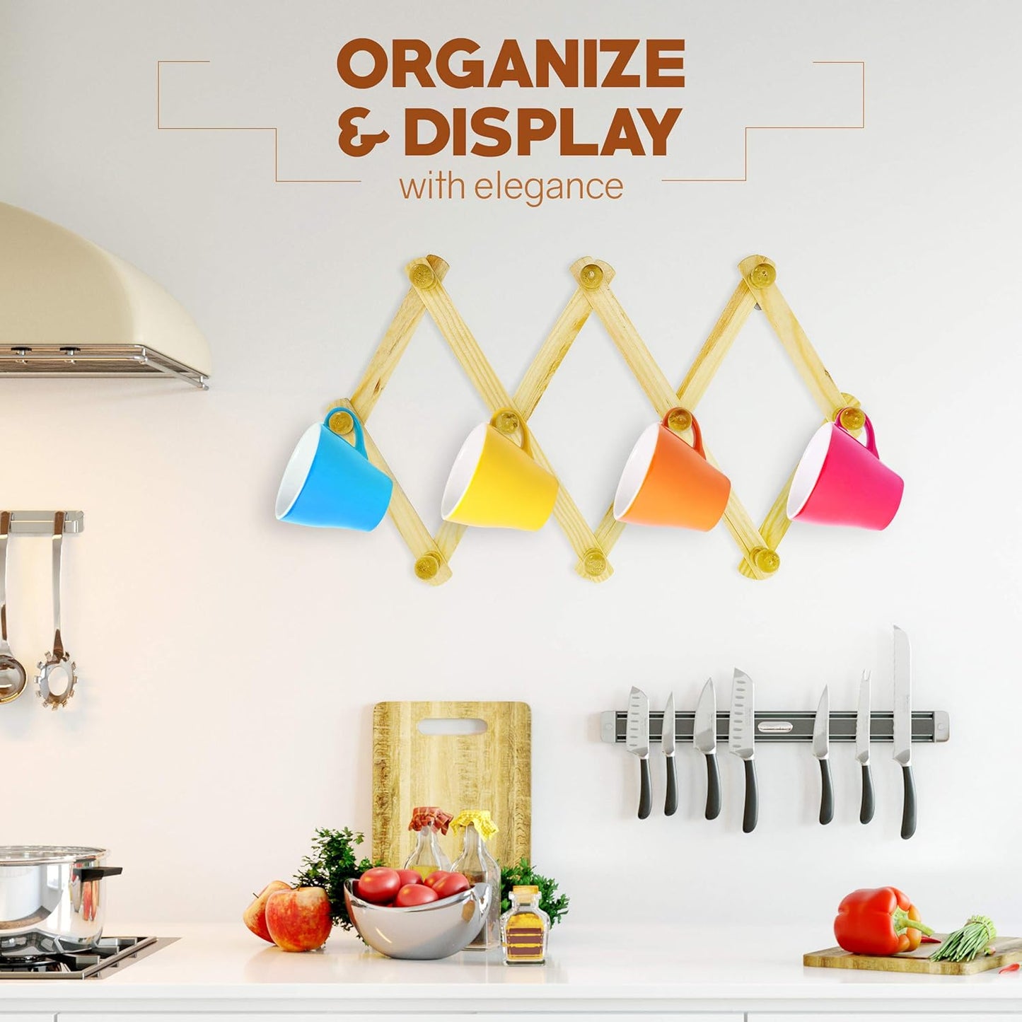 RAM-PRO Accordion Style Wood Expandable Rack Hat, Cap, Belt, Umbrella Coffee Mug Wall Wooden Pegs