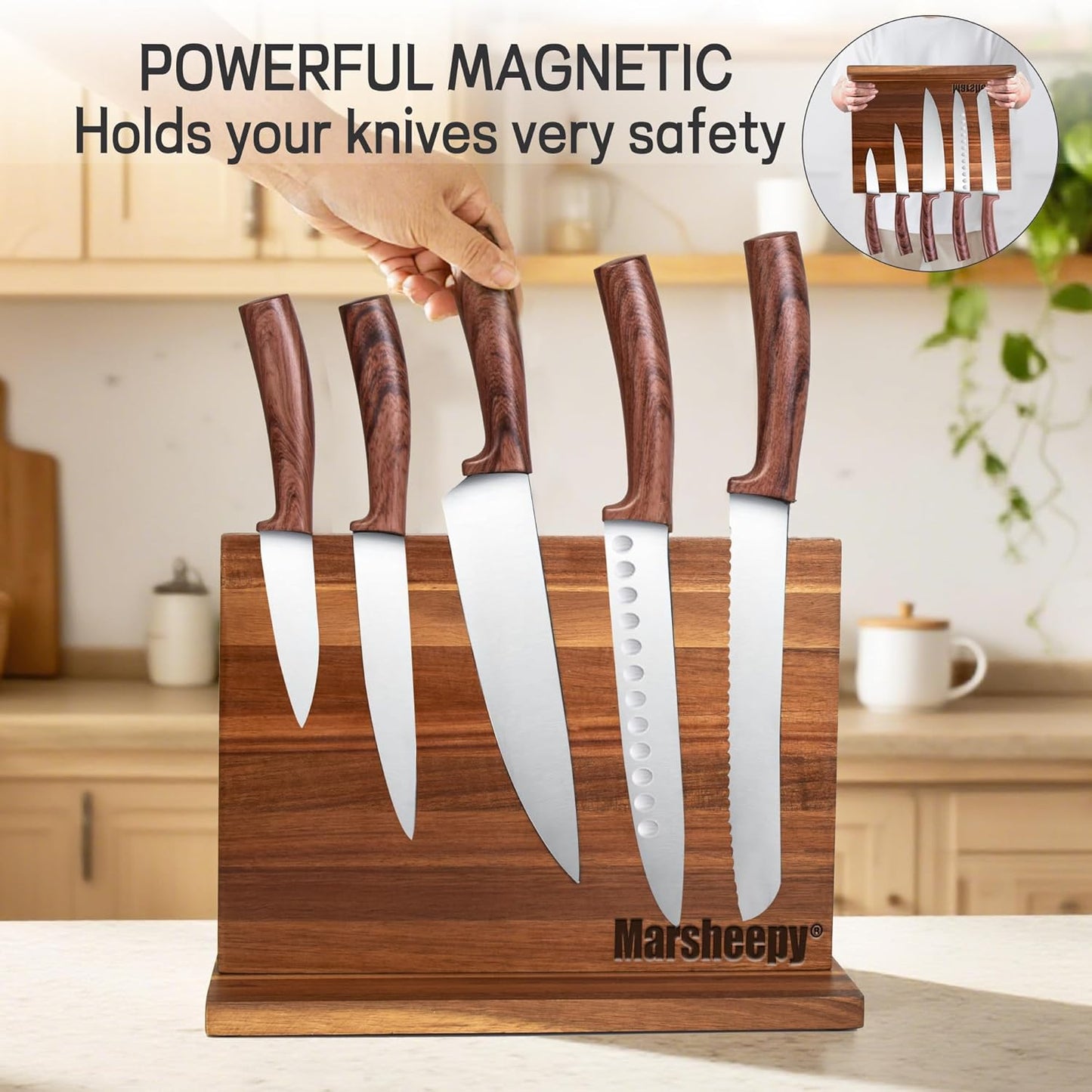 Home Kitchen Magnetic Knife Block,Double Sided Magnetic Knife Holder Rack for Kitchen Counter,Acacia Wood with Strong Enhanced Magnets Knife Storage Stand