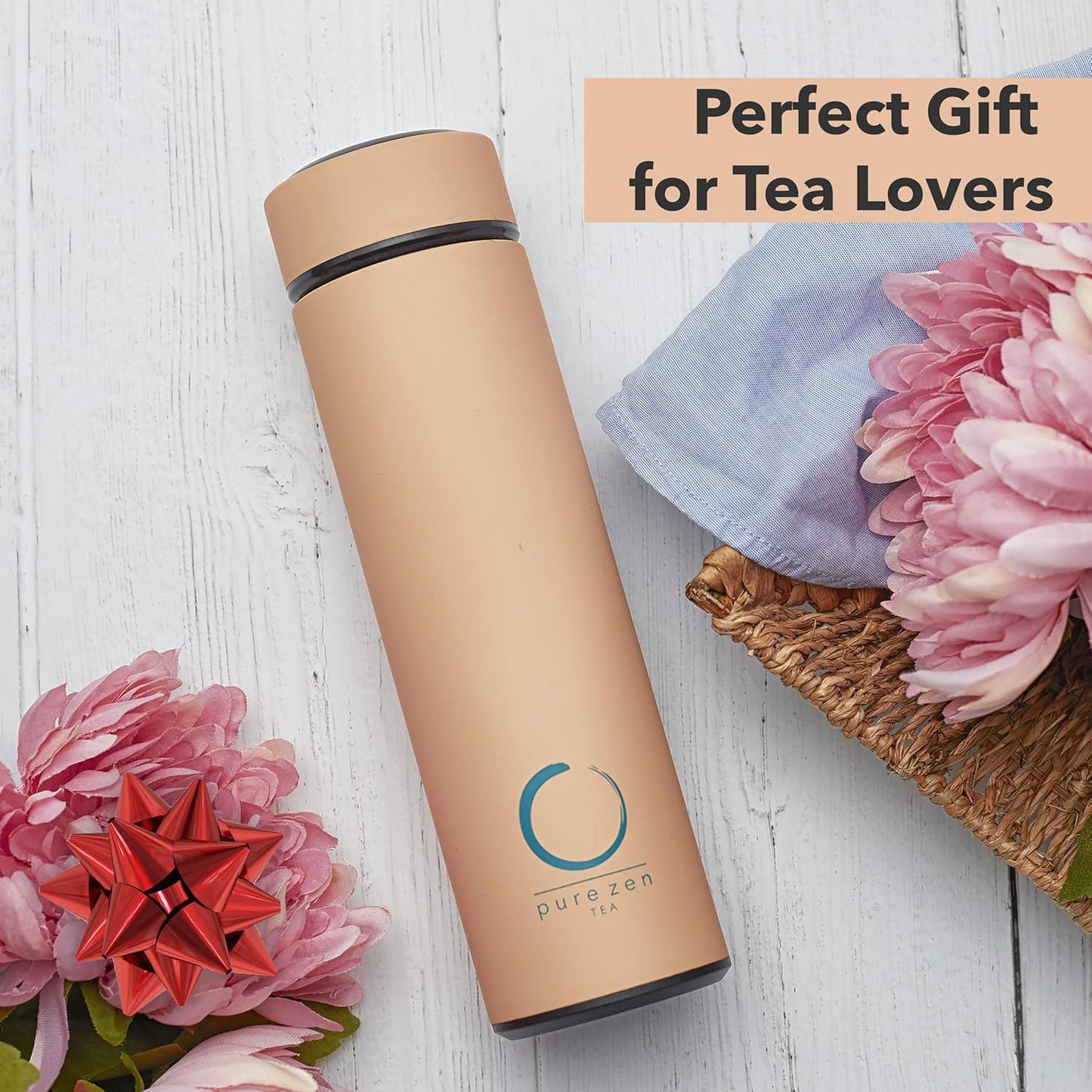 Pure Zen Tea Thermos with Infuser for Hot and Cold Infusions - Stainless Steel - Tea Infuser Bottle - Leakproof Travel Mug with Filter - 15oz - Pink