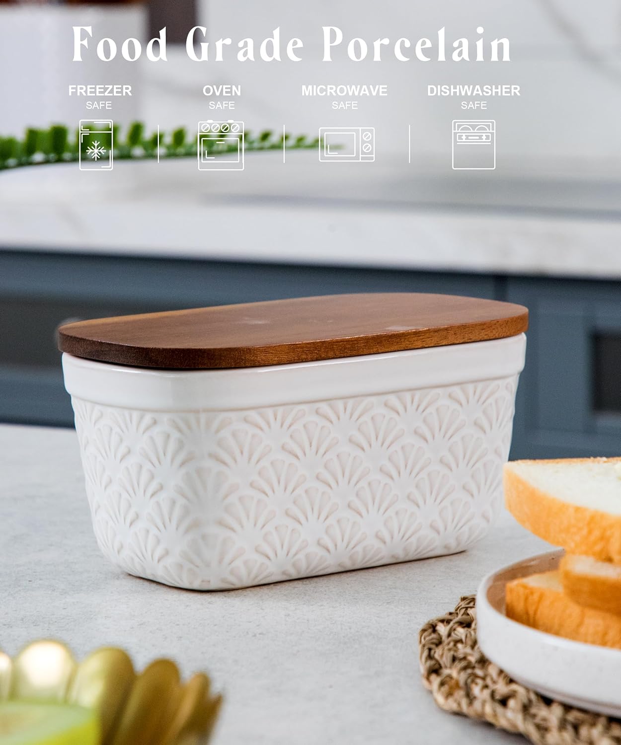 Nucookery Ceramic Butter Dish, Embossed Butter Keeper with Wood Lid for Countertop, Butter Holder and Container with Double Silicone Seal (Fan Pattern)