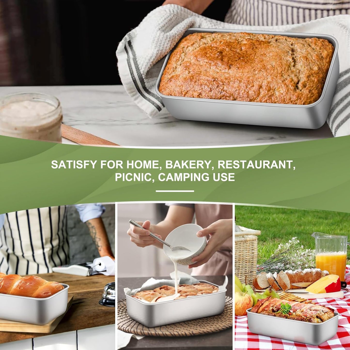 P&P CHEF Loaf Pan Set, 9 x 5 Inch Bread Pans, Stainless Steel Loaf Toast Baking Pans For Bread Meatloaf Lasagna Cake, Healthy & Non Toxic, Oven & Dishwasher Safe,(Silver, 4Pcs)