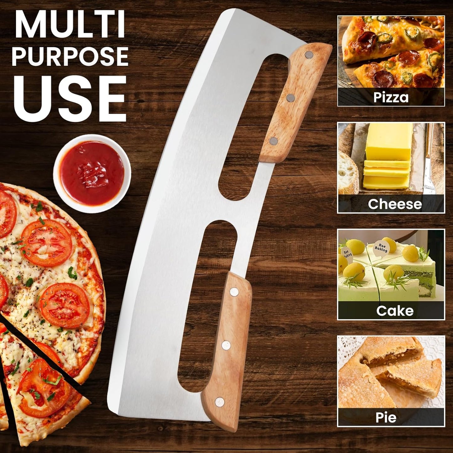 SCHVUBENR 14'' Pizza Cutter Rocker with Wooden Handles - Sharp Stainless Steel Pizza Slicer with Comfort Cover - Large Pizza Knife Cutter Wheel - Easy to Use & Clean - Slice Pizza with Ease