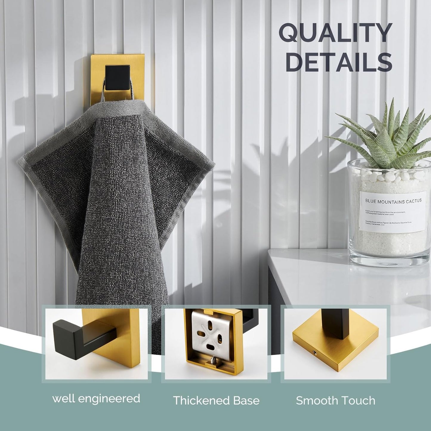 Angle Simple Towel Hook Black & Gold, 304 Stainless Steel Square Robe Bathroom Hook for Wall