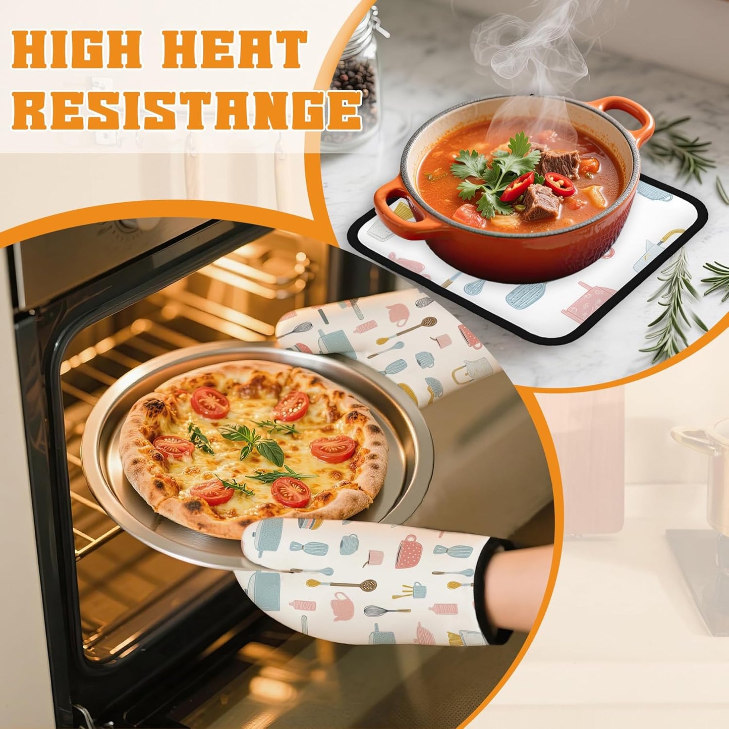 Pink Kitchen Utensil Oven Mitts and Pot Holders Set,Kitchen Decor Heat Resistant Non Slip Hot Pads and Oven Mitt for Chef Cooking Baking BBQ Mom Girl Gifts(4 Piece Set)