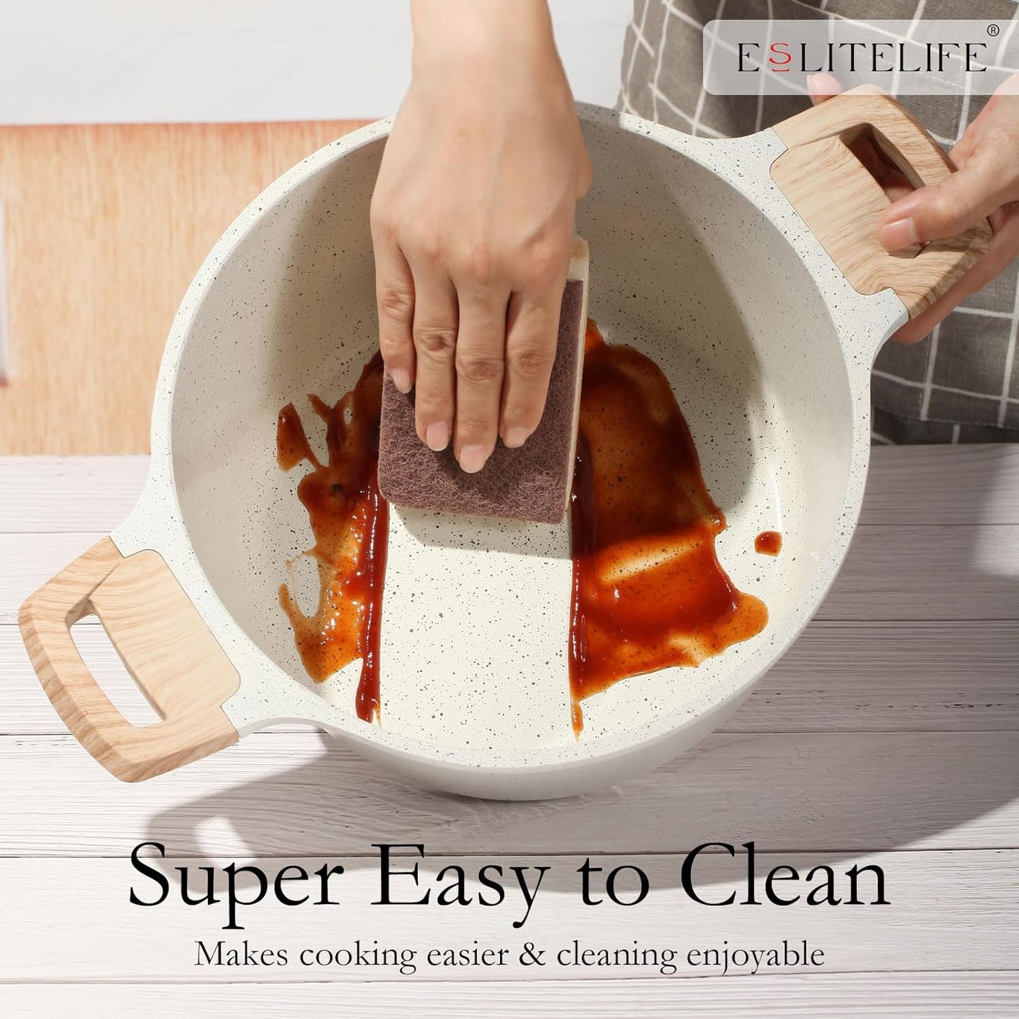 ESLITE LIFE Nonstick Stock Pot with Lid, 7 Quart Granite Casserole Large Soup Pot Pasta Cooking Pot, Induction Compatible, PTFE & PFOA Free, White