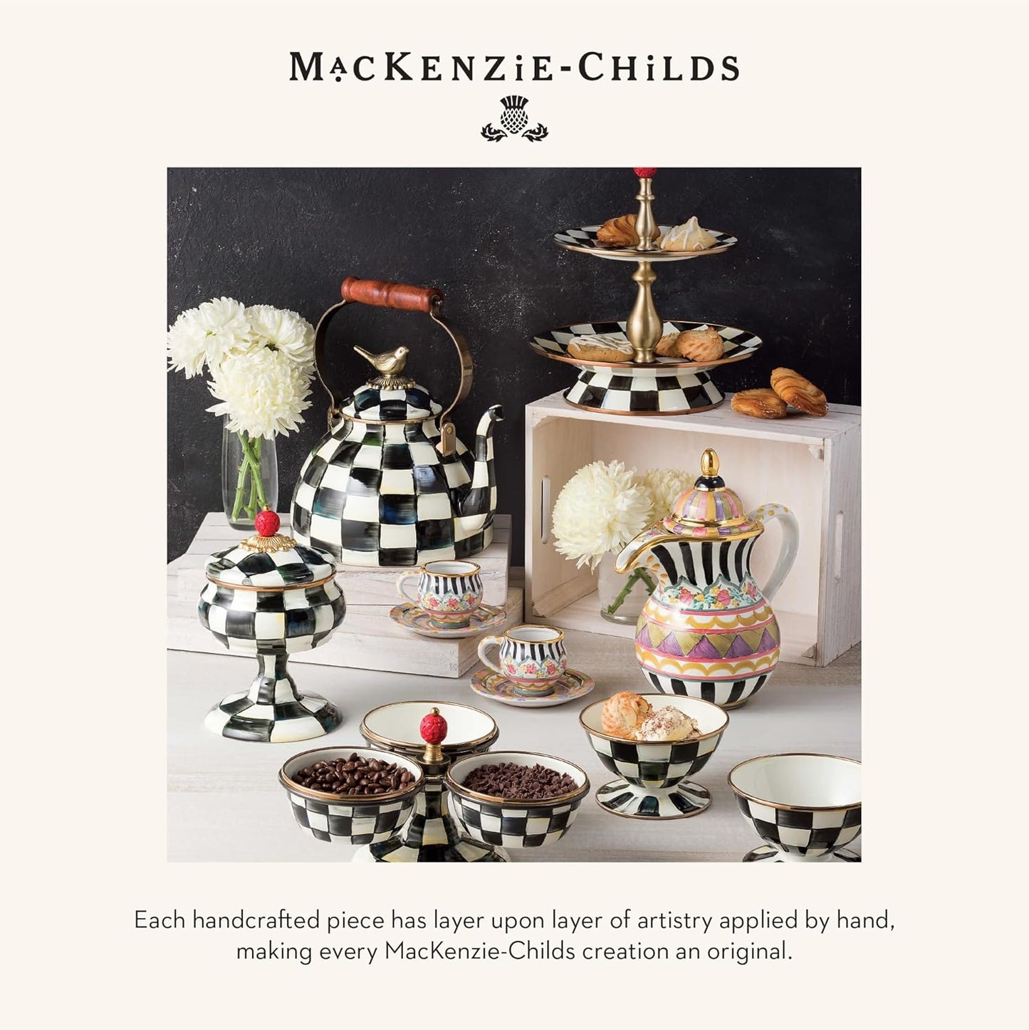 MACKENZIE-CHILDS Enamel Creamer, Creamer Dispenser with Pour Spout, Kitchen Enamelware, 14-Ounce Capacity, Black-and-White Courtly Check
