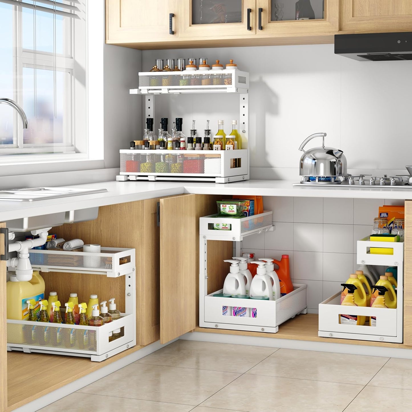 2-Pack Under Sink Storage Organizer, Large 2-Tier Elegant Mesh Pull Out Shelf for Kitchen and Bathroom Cabinet Organization, L-Shaped and Adjustable Height Design for Maximum Space Efficiency-White