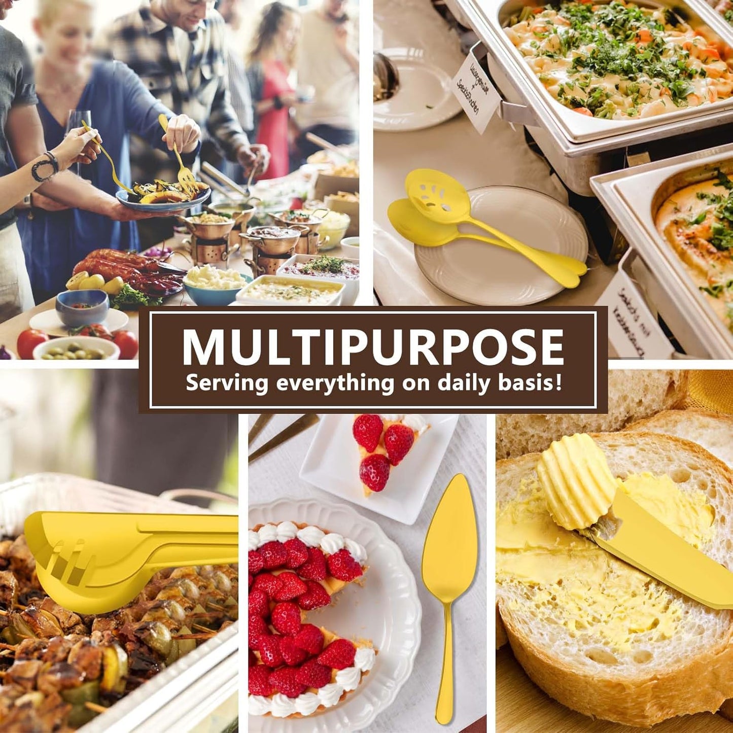 BEWOS Gold Serving Utensils, 20-Piece Serving Utensils set, Gold Serving Spoons, Slotted Spoons, Tongs, Forks, Cake Server, Butter Knife, Stainless Steel Serving Utensils for Parties, Dishwasher Safe