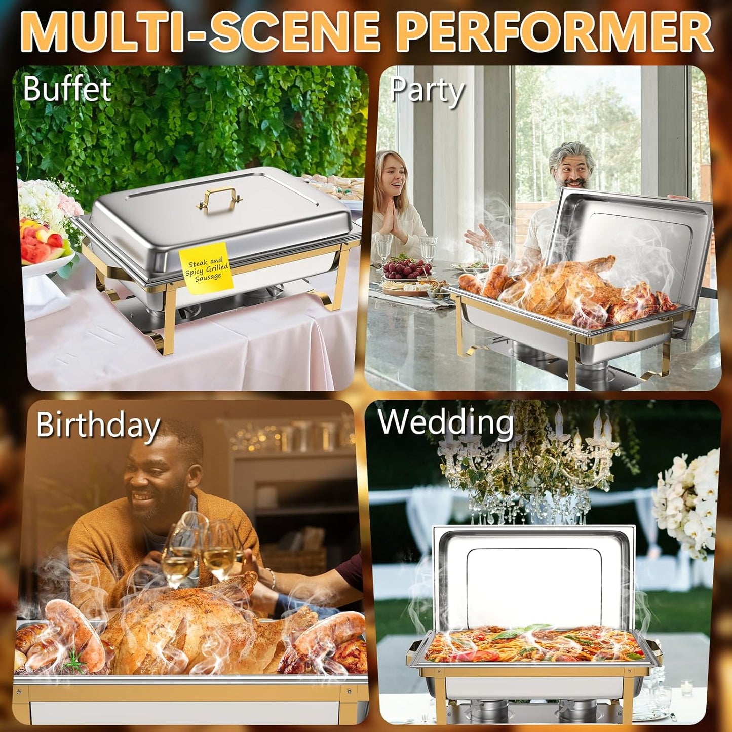 SIOTMERA 9QT Chafing Dishes for Buffet 1 Pack, Thickened Stable Stainless Steel Chafing Dish Buffet Set, Rolled Edge No Finger Cut Food Warmers for Party Catering Events Weddings, Gold and Silver