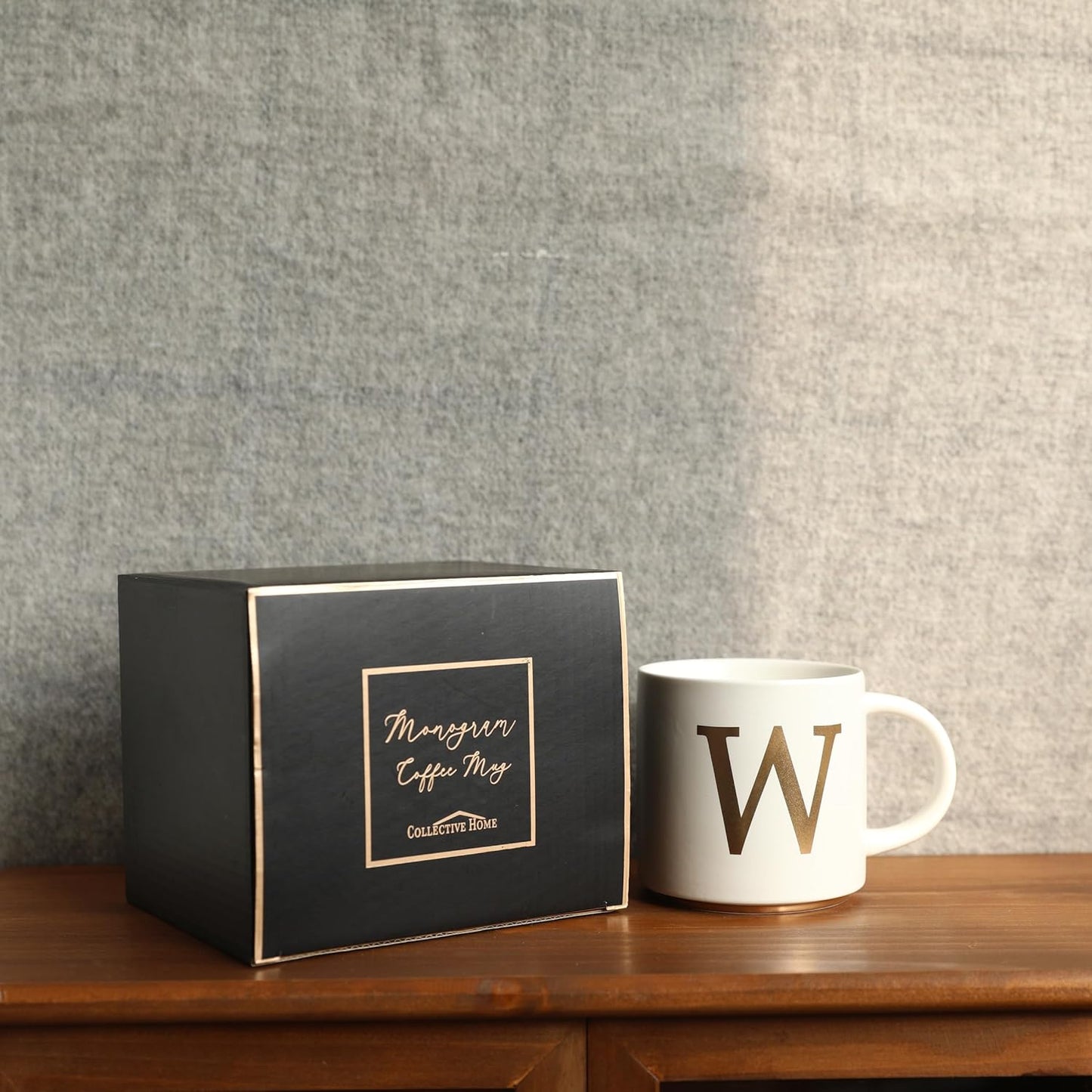 COLLECTIVE HOME - Monogram Ceramic Mugs, 15 oz Golden Initial Coffee Cups, Elegant Alphabet Tea Mugs, Elegant Personalized Mug with Gift Box, Unique Mug with Double Side Capital Letter (W)