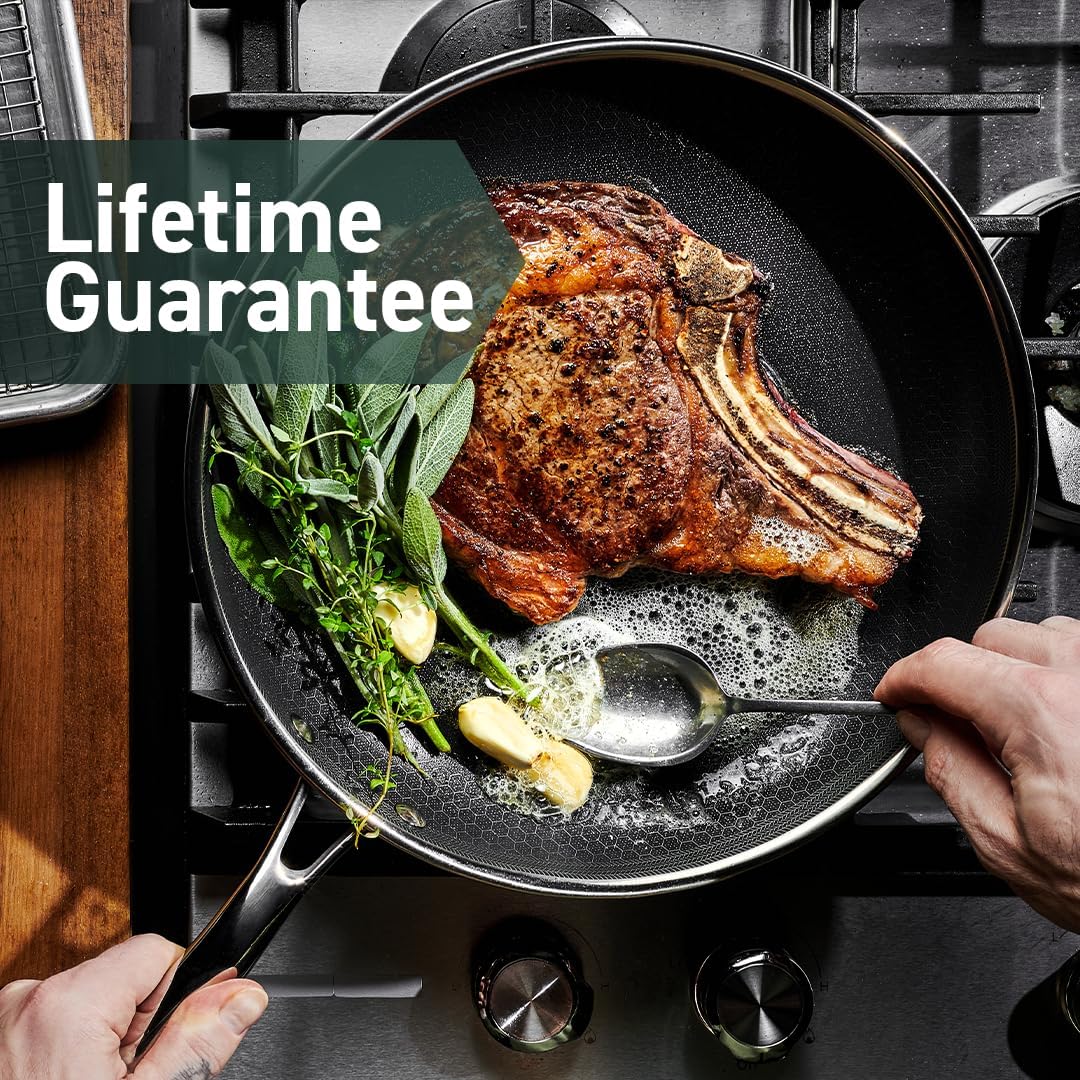 HexClad Hybrid Nonstick 12-Inch Frying Pan with Tempered Glass Lid, Stay-Cool Handle, Dishwasher-Friendly, Oven-Safe Up to 900°F, Induction Ready, Compatible with All Cooktops