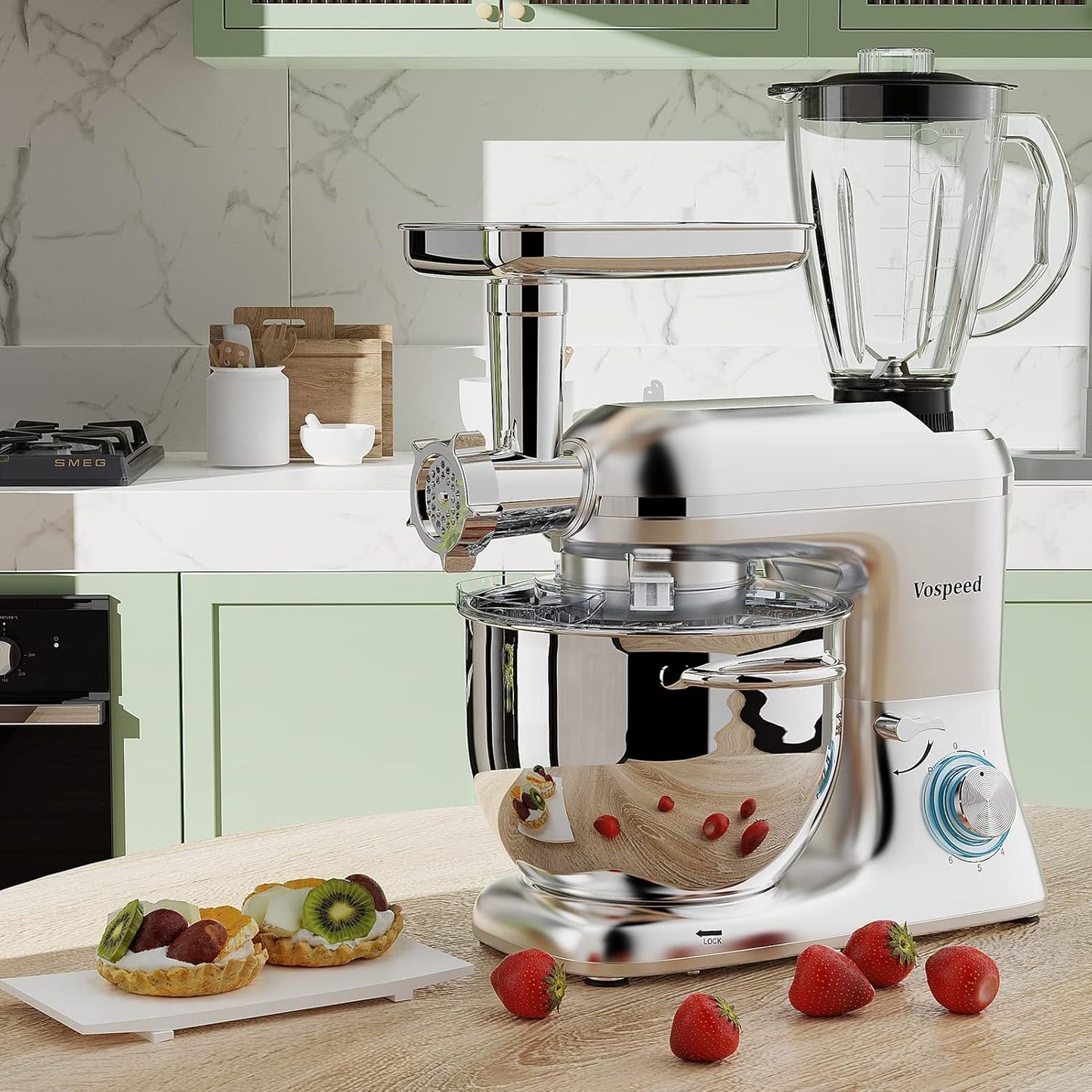 Vospeed 9 IN 1 Stand Mixer, 850W Tilt-Head Multifunctional Electric Mixer with 8 QT Stainless Steel Bowl, 1.5L Glass Jar, Meat Grinder, Hook, Whisk, Beater Dishwasher Safe (Silver)